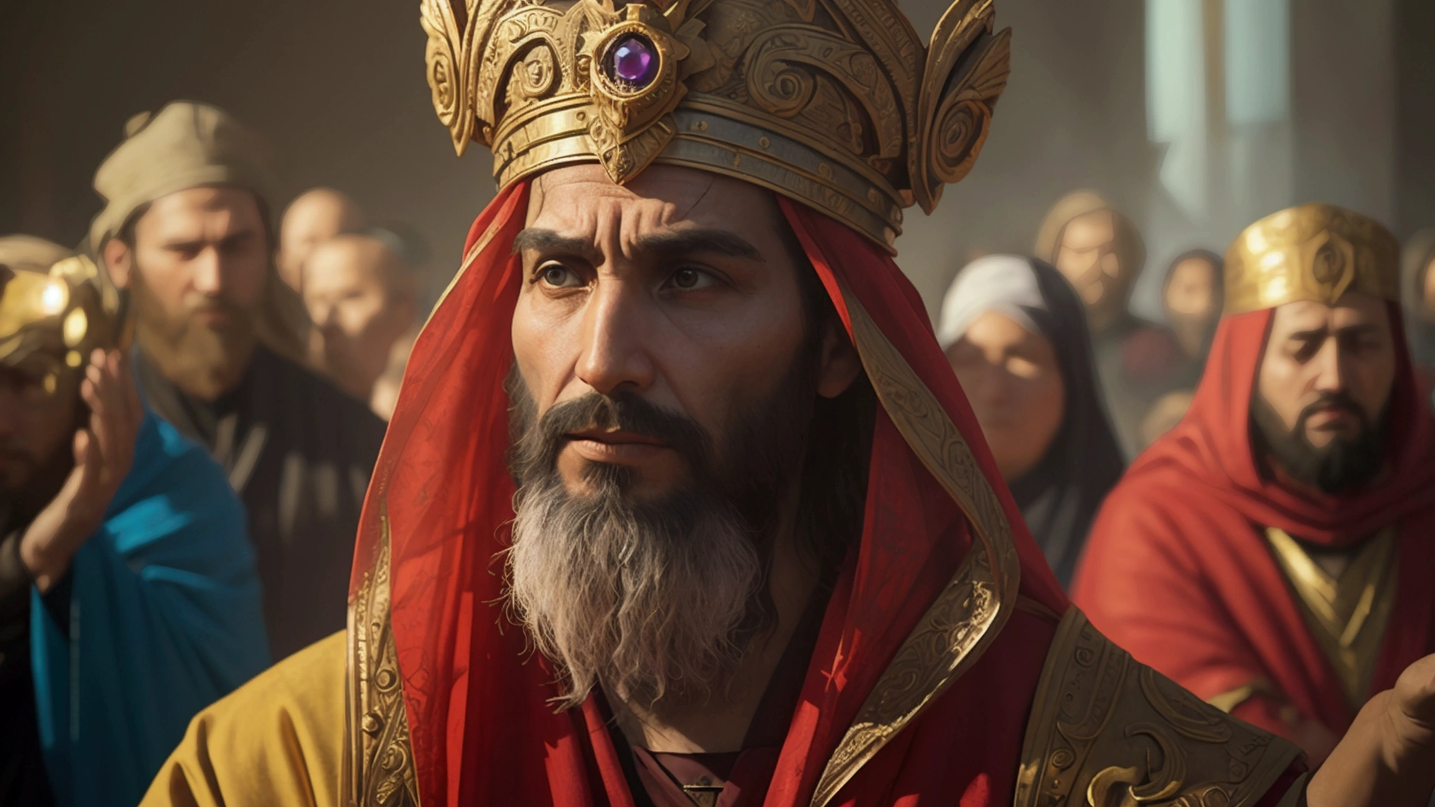 "Description: Illustrate the concept of false prophets and messiahs as described in biblical prophecy. Show individuals presenting themselves as spiritual leaders, performing deceptive acts to mislead others.
Details: Use a color palette with dramatic and unsettling tones, such as dark reds, purples, and shadows. Include elements such as:
False Prophets: Depict charismatic individuals on stages or platforms, performing impressive but deceptive miracles or acts, such as dramatic healings or prophetic displays.
Crowd Reaction: Show people in awe or confusion, captivated by these individuals, symbolizing the misleading effect of false teachings.
Biblical Reference: Integrate subtle references to Matthew 24:24, such as faded text or symbols indicating deception and falsehood.
Capture the contrast between genuine spiritual leadership and the deception of false prophets, emphasizing the warning given by Jesus."