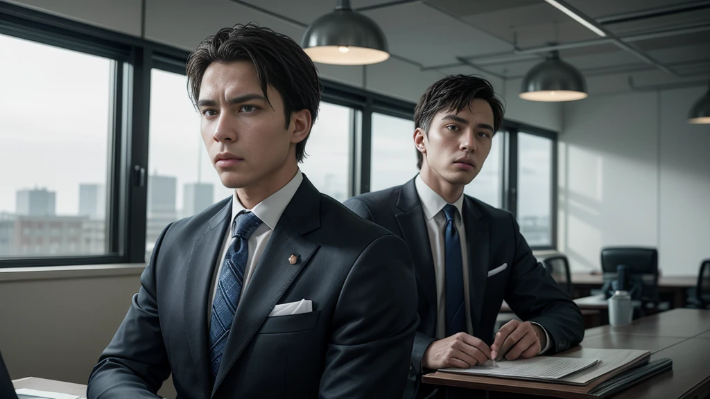 A realistic image of a businessman in an elegant suit and tie, with an intense look, in a dimly lit office setting.