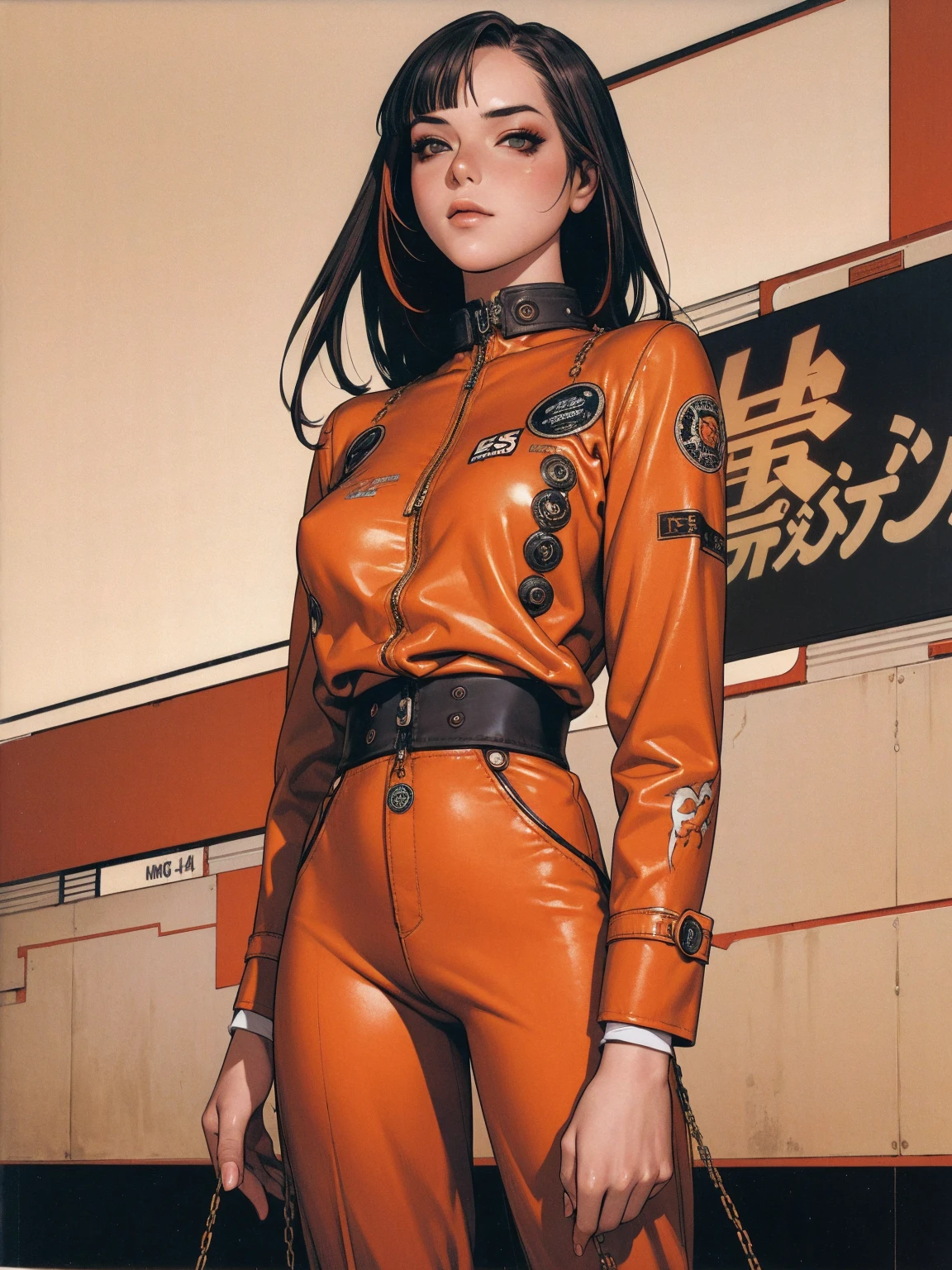 (best qualityer))), (((manga strokes))), (((black bob hair with straight bangs and red highlights))), (((baggy pants with bone print))), uma Kizi jovem muito bem vestida com roupas modernas de inverno, pants with military camouflage pattern, top gift vertical stripes, short jacket with dark fur collar, beautiful and expressive face, slightly-smile, big eyes with long black eyelashes, heavy make-up, chains and zippers spread across clothes, contrasting colours, pose de atitude, hair with a modern and futuristic cut, urban game poster art, dramatic camera angles, graffiti art elements in the background, design mixing contemporary and retro by Shepard Fairey, (((cowboy shot))), (((best qualityer: 1.4))), (Unbeatable masterpiece), (hiper HD),(CG 8k hyper-realistic), Kizi, (((standing alone))), pirralha violent, ((())), sexly, pose de atitude, work of art, post-apocalypse, (((manga style))), bounty hunter, violent, Manic, the way you want, slenderbody, thin but strong, perfectbody, roupa moderna, advanced technology, neon, sleeves with vertical striped pattern, neutral background, (( cowboy shot )). intricate visual