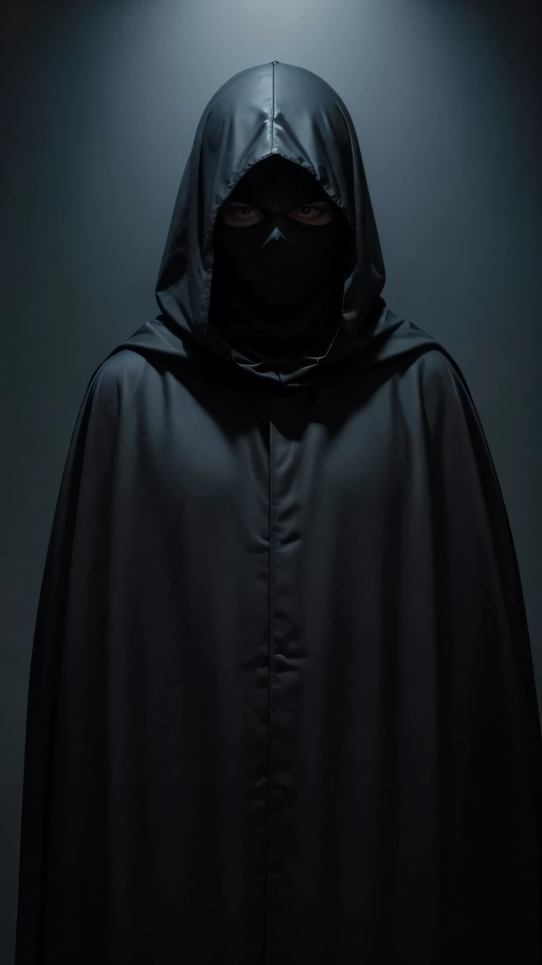 Man in a black cape outfit and with his face covered with a headdress, dark, unknown, strange, no face, night