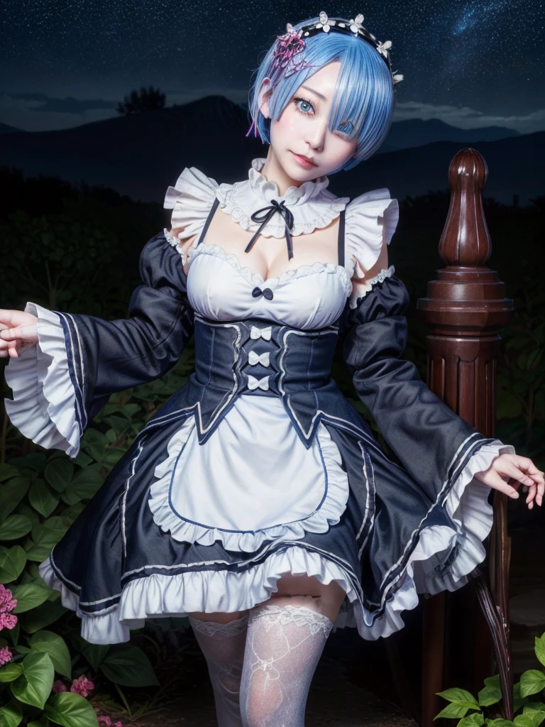 masterpiece, best quality, ultra-detailed, illustration, epic lighting, cinematic composition, colorful, sidelighting, lustrous skin, realistic, 3d face, (finely detailed beautiful eyes: 1.2), 1girl, rem_\(re:zero\),cute, medium breasts, blue hair, short hair, (hair over one eye:1.3), eyes_visible_through_hair, blue eyes, roswaal_mansion_maid_uniform, (head tilt:1.2), standing, close-up, fantasy, summer, night sky, stars, nebula, blue flowers, garden, blue roses, moonlight, peaceful, serenity, (8k:1.1),
