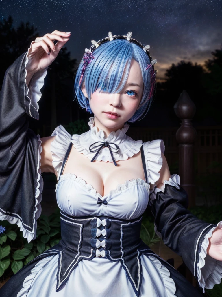 masterpiece, best quality, ultra-detailed, illustration, epic lighting, cinematic composition, colorful, sidelighting, lustrous skin, realistic, 3d face, (finely detailed beautiful eyes: 1.2), 1girl, rem_\(re:zero\),cute, medium breasts, blue hair, short hair, (hair over one eye:1.3), eyes_visible_through_hair, blue eyes, roswaal_mansion_maid_uniform, (head tilt:1.2), standing, close-up, fantasy, summer, night sky, stars, nebula, blue flowers, garden, blue roses, moonlight, peaceful, serenity, (8k:1.1),