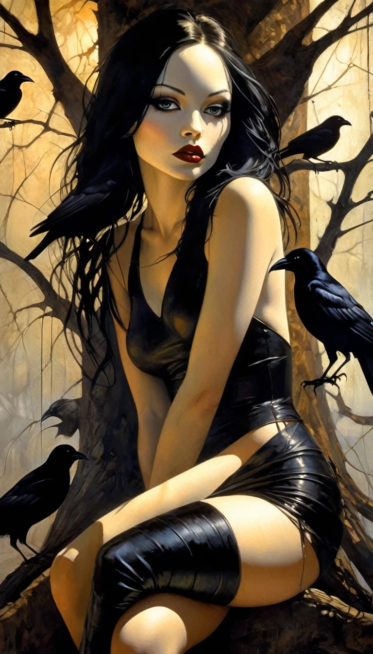 a large dry tree, crows, a sexy monster girl with torn clothes sitting at the base of the tree, black and white image,very long hair, art inspired by Bill Sienkiewicz, crows eroticism, sexy, black and white image, a lot of crows(best quality,4k,8k,highres,masterpiece:1.2),ultra-detailed,(realistic,photorealistic,photo-realistic:1.37),intricate details,vivid colors,sharp focus,professional,Dave McKean artwork, oil touch of surrealism,oil painting style,portrait,woman,beautiful detailed eyes,beautiful detailed lips,dreamlike atmosphere,shadow play,soft lighting,playful pose,minimalist room,dark hues,ethereal background,fantasy elements,texture,layered composition.
