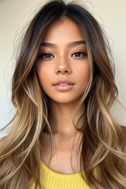 Mixed european and asian woman descent with blond hair and brown hair beautiful face