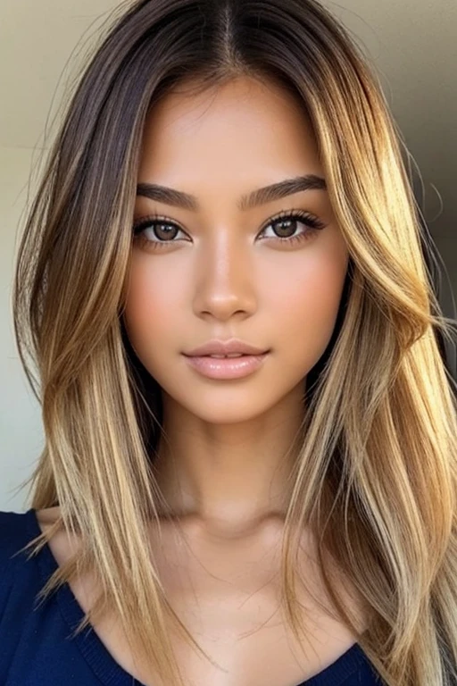 Mixed european and asian woman descent with blond hair and brown hair beautiful face