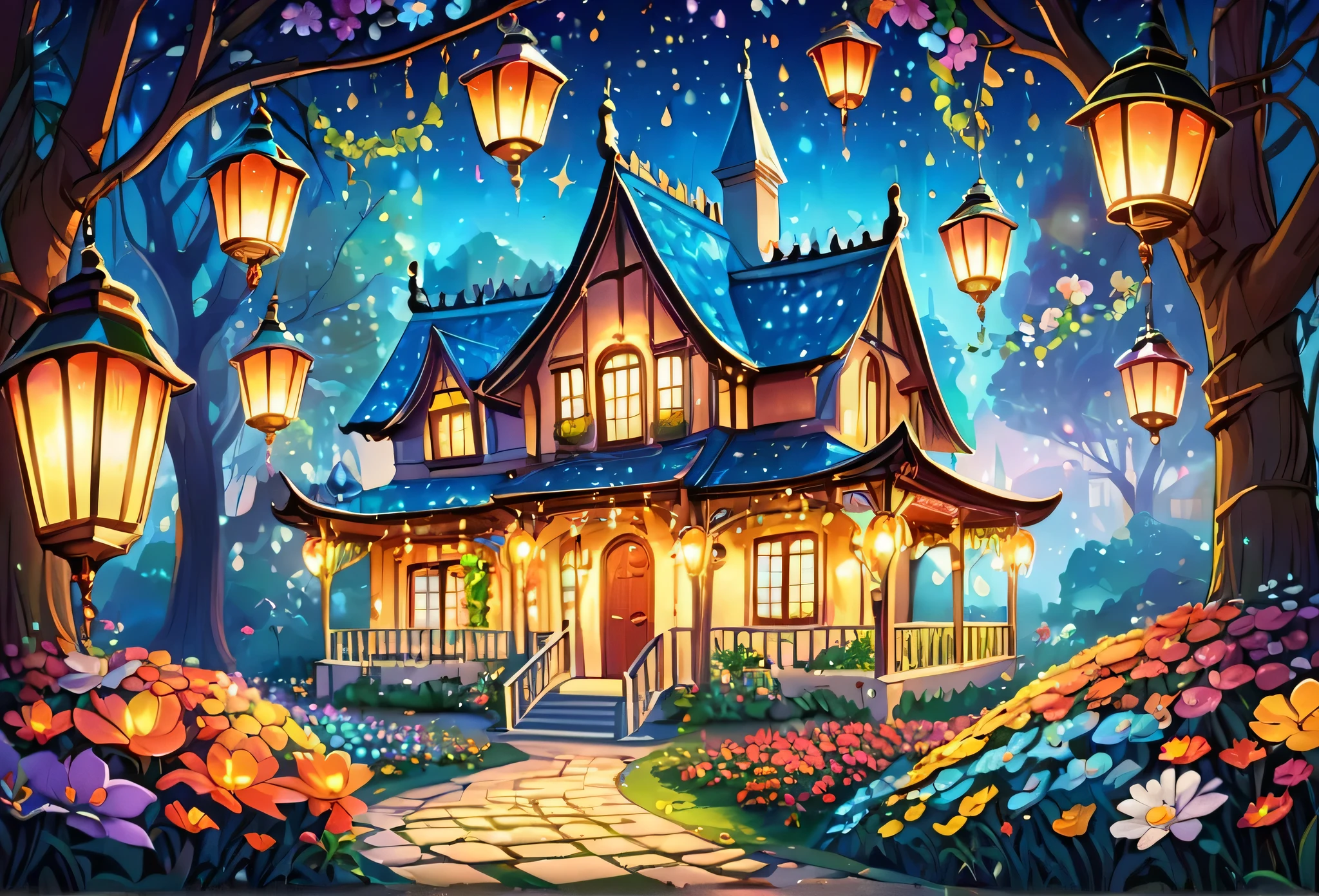 A beautiful house, magical, with sparkling lights and colourful lanterns, beautiful flowers, glowing paths, magica atmosphere, (masterpiece best quality:1.2) delicate illustration ultra-detailed, illustrations, bright, colourful, Disney style.