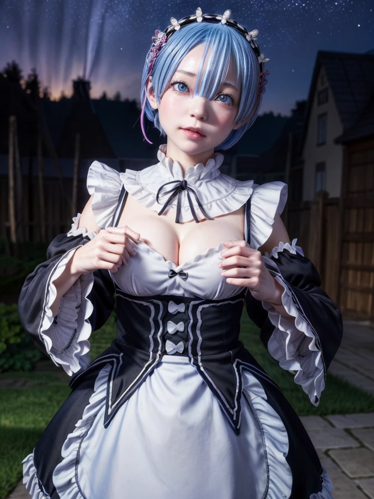 masterpiece, best quality, ultra-detailed, illustration, epic lighting, cinematic composition, colorful, sidelighting, lustrous skin, realistic, 3d face, (finely detailed beautiful eyes: 1.2), 1girl, rem_\(re:zero\),cute, medium breasts, blue hair, short hair, (hair over one eye:1.3), eyes_visible_through_hair, blue eyes, roswaal_mansion_maid_uniform, (head tilt:1.2), standing, close-up, fantasy, summer, night sky, stars, nebula, blue flowers, garden, blue roses, moonlight, peaceful, serenity, (8k:1.1),