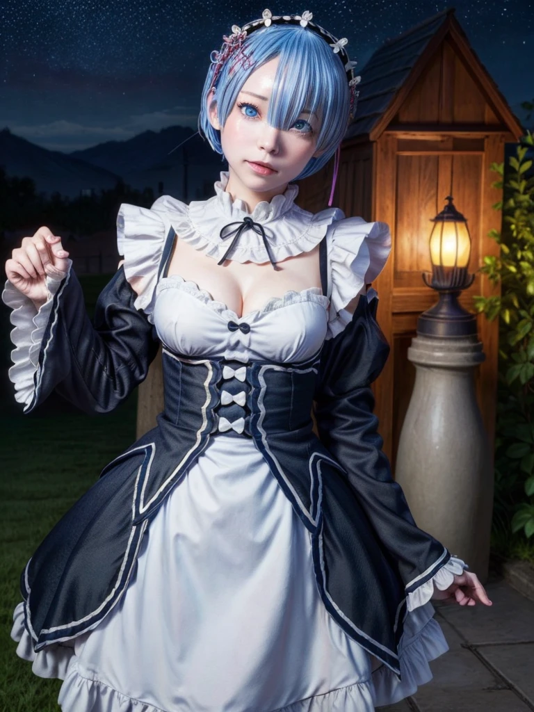 masterpiece, best quality, ultra-detailed, illustration, epic lighting, cinematic composition, colorful, sidelighting, lustrous skin, realistic, 3d face, (finely detailed beautiful eyes: 1.2), 1girl, rem_\(re:zero\),cute, medium breasts, blue hair, short hair, (hair over one eye:1.3), eyes_visible_through_hair, blue eyes, roswaal_mansion_maid_uniform, (head tilt:1.2), standing, close-up, fantasy, summer, night sky, stars, nebula, blue flowers, garden, blue roses, moonlight, peaceful, serenity, (8k:1.1),