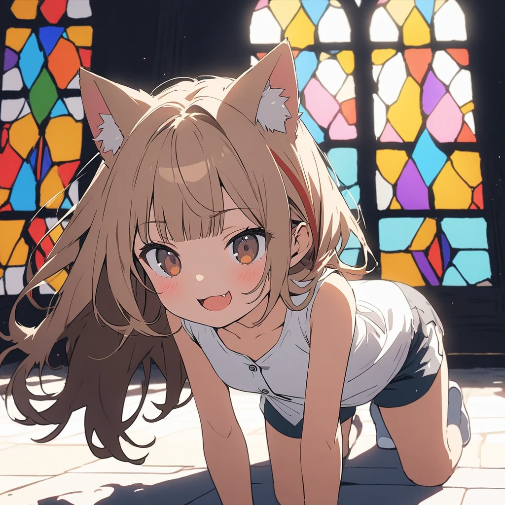 ((Masterpiece)), ((best quality)), ((kawaii)), (flat color), (flat shading), (super detail:1.2),(High Definition:1.3), (Professional Photography:1.2), (wide shot), (sharp focus), (perfect light), (drop shadow), (()), (1girl), ((streaked hair)), highlights hair, messy medium hair, Beautiful collarbone, (loose white buttoned shirts), cleavage, cute boxer shorts, (Healthy slim body), (loose blunt bangs), Slender body, glossy skin, (smug), (:d), ((Beautiful brown eyes)), Textured skin, (Cat ears), Pale brown hair, Cute Beautiful Girl, (slightly exposed small chest), BREAK, ((best quality)), Dynamic angles, ((Bending forward posture)), ((all-fours on the stained glass background)), beautiful stained glass, (sharp focus), (perfect light),