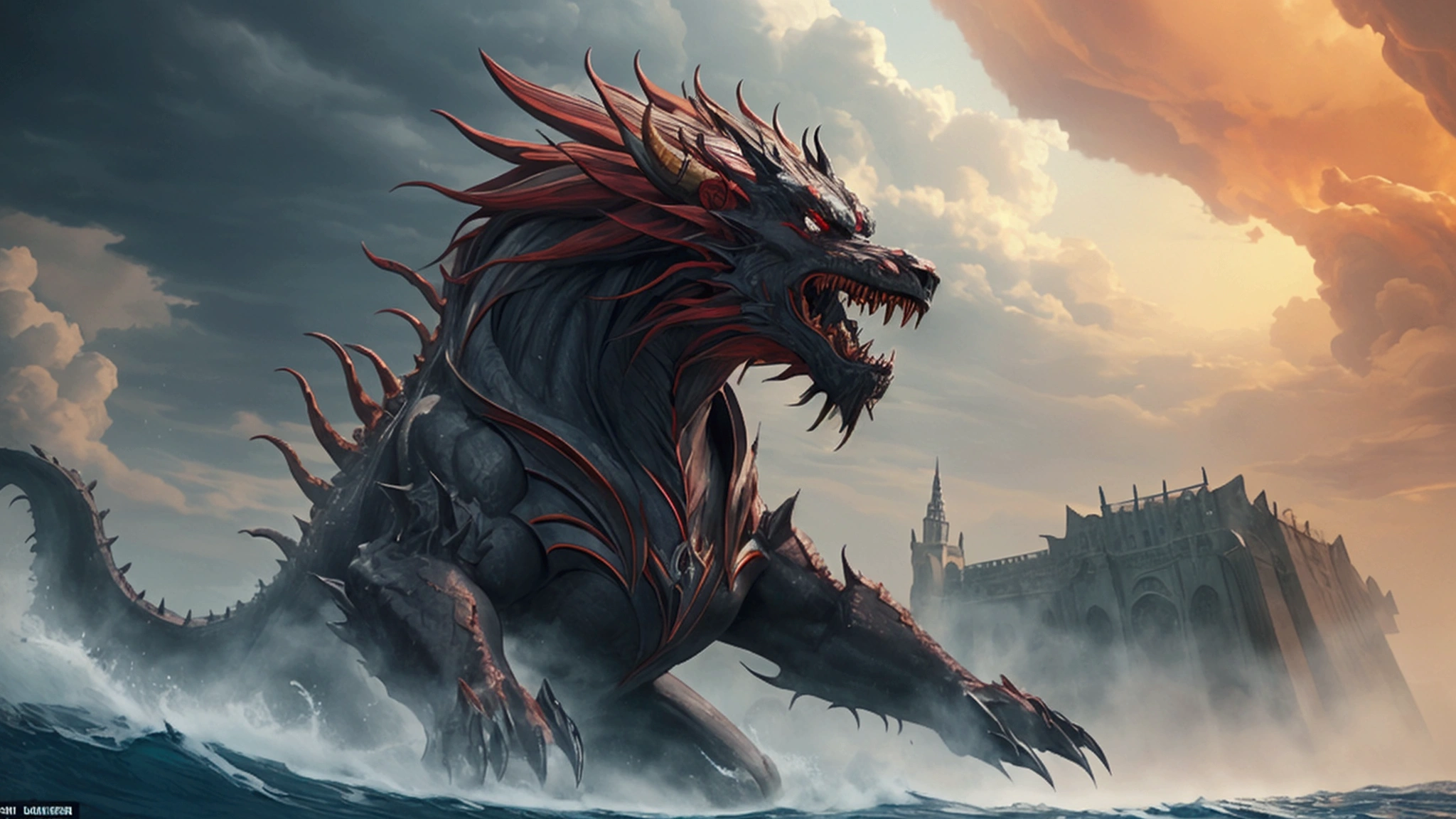 "Description: Create a dramatic scene depicting the beast rising from the sea, as described in Revelation 13:1-7. The beast symbolizes a powerful, centralized authority with global influence.
Details: Use a dark, ominous color palette with deep blues, grays, and fiery reds to convey a sense of foreboding and power. Include elements such as:
The Beast: Illustrate a monstrous, multi-headed beast rising from the sea, with features that reflect its dominion and authority. The beast should be imposing and terrifying, with intricate designs to highlight its power.
Global Impact: Show the beast casting a shadow over various landmarks or symbols of global governance, such as the United Nations headquarters or financial institutions.
Biblical Reference: Incorporate subtle references to Revelation 13:1-7, such as fragmented or hidden text that signifies the prophetic nature of the beast.
Capture the intimidating presence of the beast and its symbolic role in global domination."