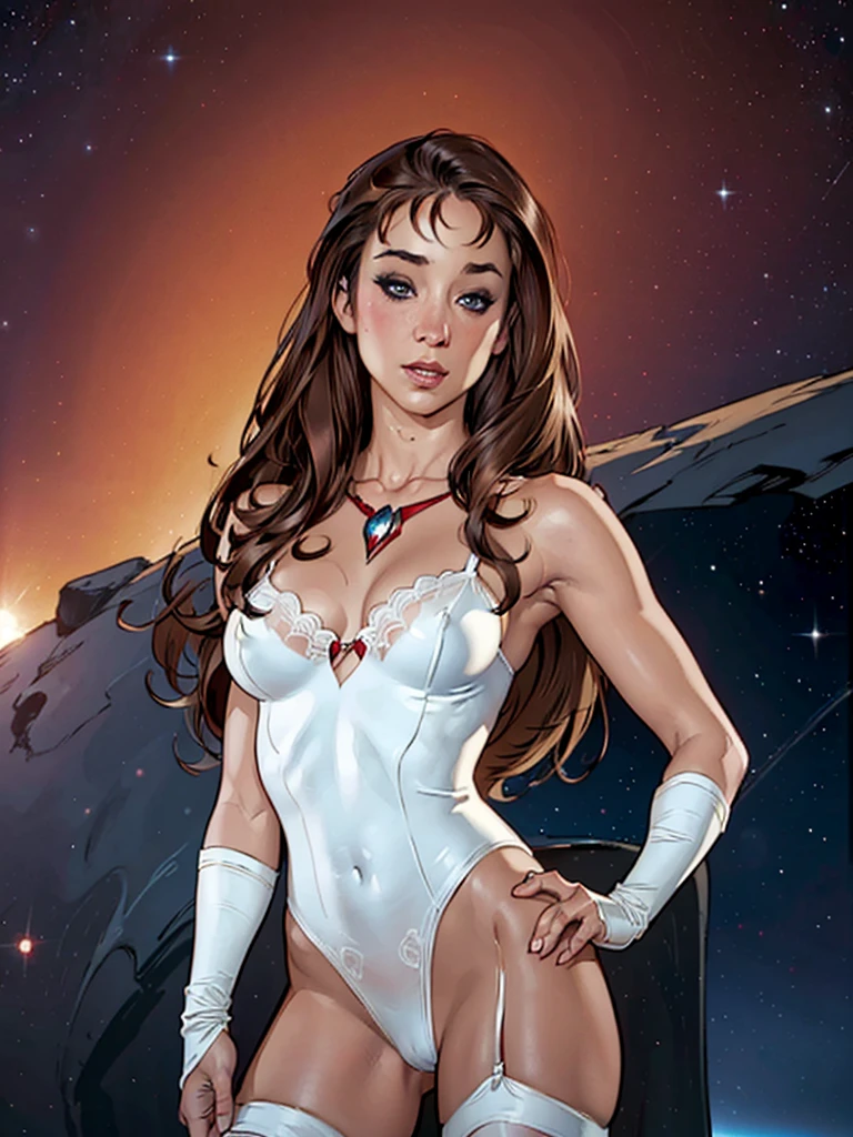 Remy Lacroix, 20 years old, whole body, blue colored eyes, parted lips, perfectbody, chestnut hair, SFW, in the style of Adam Hughes, face detailed, parted lips, neckleace, wearing white lingerie with red laces, Interstellar space background (Artwork), 4K, ultra HD
