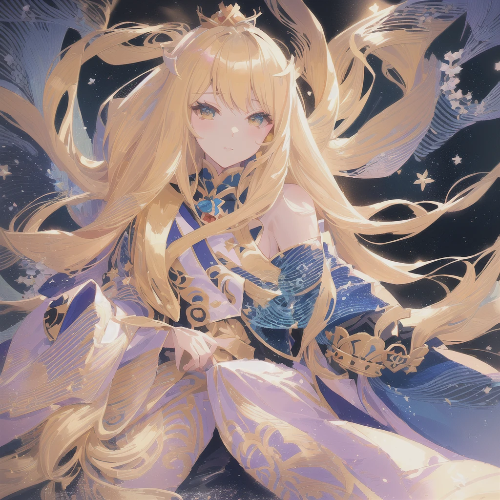 Anime girl with long blonde hair and a crown in the water., anime goddess, blonde anime girl with long hair, Princess de pelo rubio, Ayaka Genshin Impact, ((a beautiful fantasy empress)), anime style like destiny/Overnight stay, from the video game azur lane, Princess 'music' musicdagash, blue lane style, Artoria Pendragon
