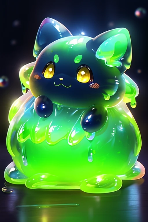 (Highest quality、masterpiece、8k))、Very detailed、High resolution、((Beautiful and shining eyes))、((Lots of different colored slimes))、Japanese kitten slime、Round kitten slime、Five very cute kitten slimes、1 blue slime、1 red slime、1 yellow slime、1 green slime、One black slime、cat ears are cute