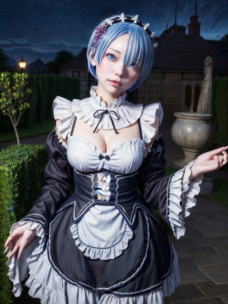 masterpiece, best quality, ultra-detailed, illustration, epic lighting, cinematic composition, colorful, sidelighting, lustrous skin, realistic, 3d face, (finely detailed beautiful eyes: 1.2), 1girl, rem_\(re:zero\),cute, medium breasts, blue hair, short hair, (hair over one eye:1.3), eyes_visible_through_hair, blue eyes, roswaal_mansion_maid_uniform, (head tilt:1.2), standing, close-up, fantasy, summer, night sky, stars, nebula, blue flowers, garden, blue roses, moonlight, peaceful, serenity, (8k:1.1),