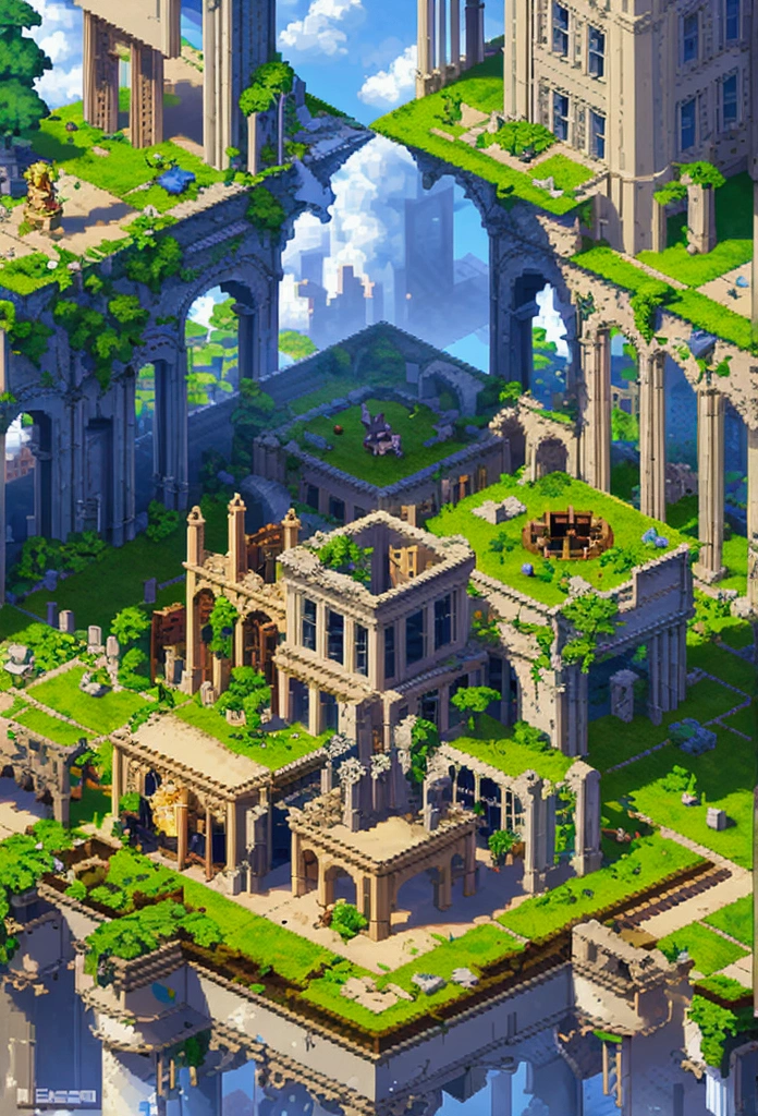 ((pixel, pixel art)), Miniature,Super Cute World, Cute animation, detailed animation, Tilt-Shift,excellent lighting,brush rendering, super detailed, ((isometric, tactic videogame)), ((Old ruins covered by moss)), green grass, natural illumination, sunny illumination
