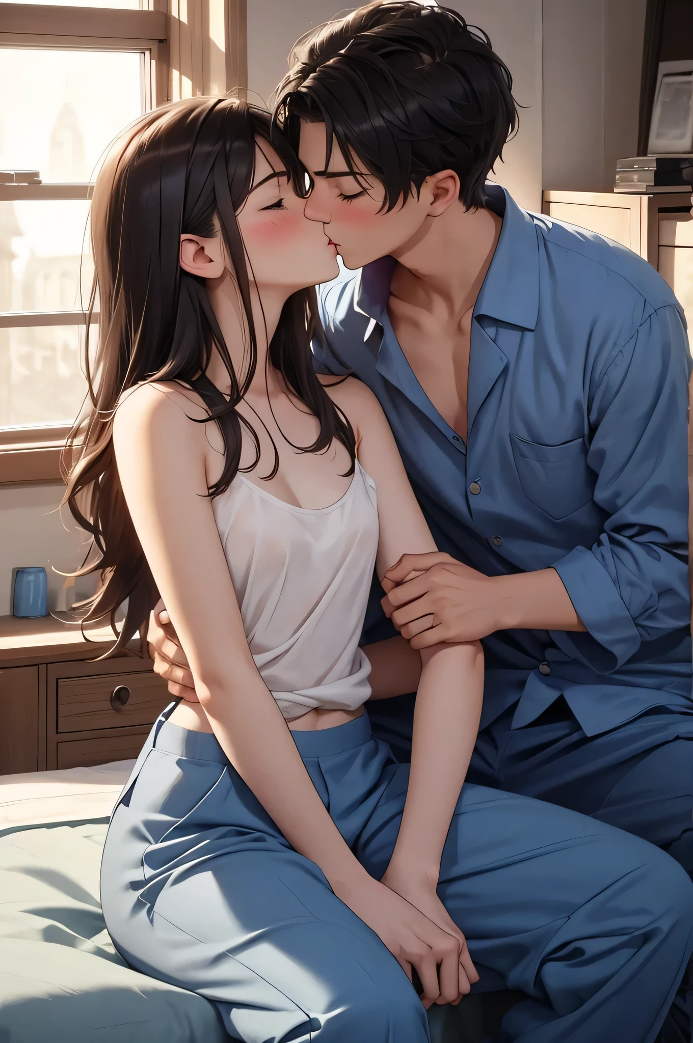 Concept Art,Love theme,illustration,1boy,1girls,kiss,Hetero,brunette hair,Closed eyes,topless male,Blush,Black Hair,pajama,blue trousers,long-haired,Seated,clavicle,trousers,couple,indoors,medium hair,cloudy,shirt,Put your hand on another person&#39;s shoulder.,long sleeve,Put your hand on another person&#39;s chest.,Short Hair Hair,