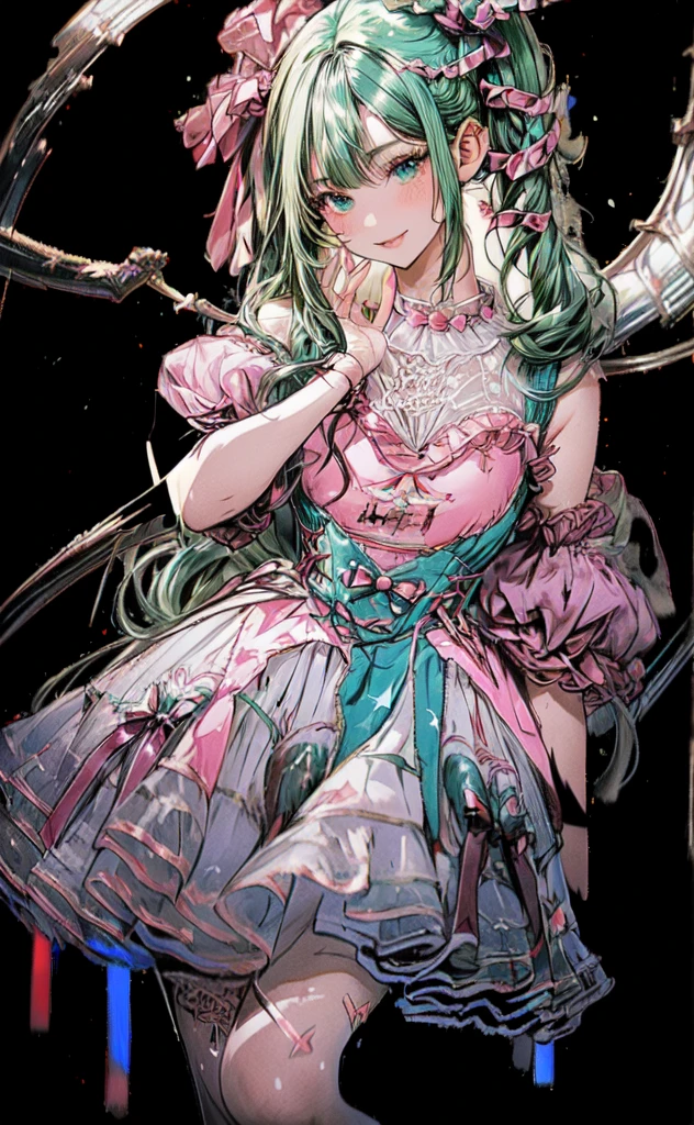 (masterpiece, best quality, ultra-detailed, best shadow), (detailed background,dark fantasy), (handsome detailed face), high contrast, (best illumination, an extremely delicate and beautiful), ((cinematic light)), colorful, hyper detail, dramatic light, intricate details, (1girl, solo, black with green hair, sharp face, green eyes, hair between eyes,dynamic angle), blood splatter, swirling black light around the character, depth of field,black light particles,(broken glass),magic circle, dress,