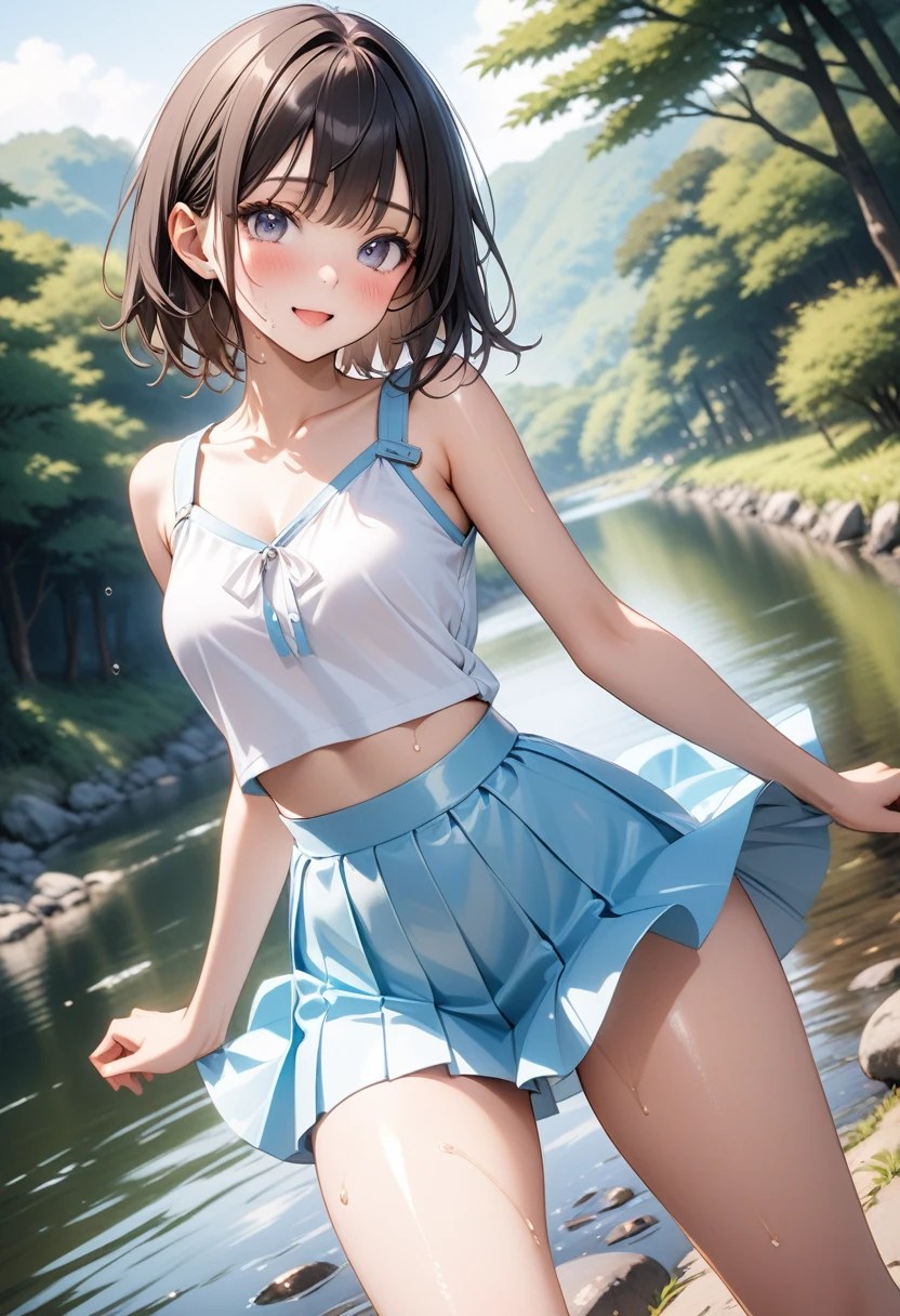 (((A woman playing in midsummer in Japan))), (A hot summer)), (((a hot summer outfit, skirt))), ((Shiny Costumes)), skindentation, skinny, solo, 1 woman, Masterpiece, highest quality, highest quality, 16K, incredibly absurd, highly detailed, 2.5D, ai-generated, delicate and dynamic, very delicate facial expressions, delicate eye depiction, erotic, only sexy woman, ((A cute and kind face)), healthy figure, ((25-year-old woman)), 160cm tall, medium firm swaying bust, Dark Hair, blush, Sweat,Embarrassed,sexy, ((thin thighs)), (camel toe:0.7), (visible nipples:0.5), (Erect nipples,:0.7), shiny and lustrous, facing straight at viewer, (((in heat))), ((Oily_skin)), ((dutch angle)), ((erotic pose)), ((In the Japanese countryside, by the river, on a hot summer's afternoon,)),