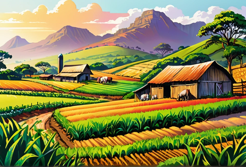 Local farm with ridges,
African (masterpiece best quality:1.2) delicate illustration ultra-detailed, illustrations, bright, colourful,