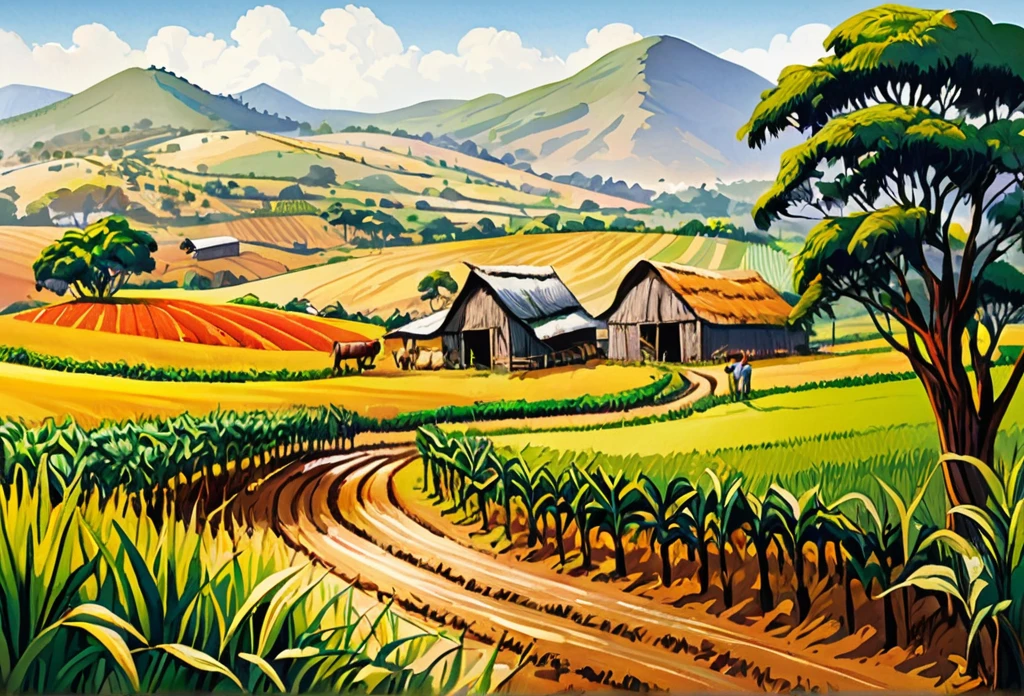 Local farm with ridges, 
African (masterpiece best quality:1.2) delicate illustration ultra-detailed, illustrations, bright, colourful, 