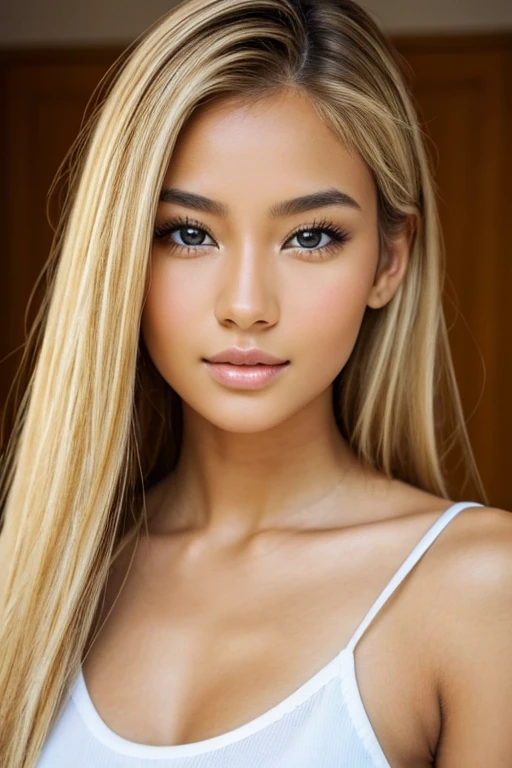 Mixed european and asian woman with golden blond hair and brown eyes beautiful face