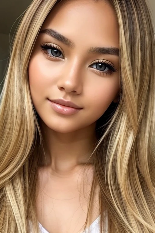 Mixed european and asian woman with golden blond hair and brown eyes beautiful face
