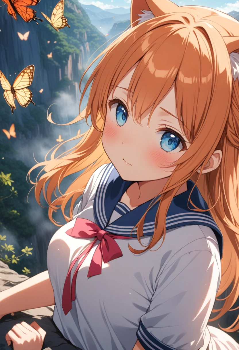 1girl,upper body,a cute cat lying on the head of the girl,masterpiece, best quality, highres, 4k, 8k, intricate detail, cinematic lighting, amazing quality, amazing shading, soft lighting, Detailed Illustration, anime style, wallpaper,,kousaka_kirino, ore no imouto ga konna ni kawaii wake ga nai, orange hair|brown hair, long hair, floating hair, shiny hair, blue eyes|aqua eyes, pink hairclip, white shirt, (gray sailor collar|blue sailor collar), red ascot,in the canyon,fog,dark,luminous butterflies, fluttering butterflies