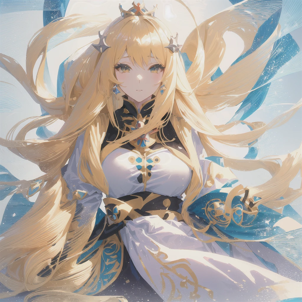 Anime girl with long blonde hair and a crown in the water., anime goddess, blonde anime girl with long hair, Princess de pelo rubio, Ayaka Genshin Impact, ((a beautiful fantasy empress)), anime style like destiny/Overnight stay, from the video game azur lane, Princess &#39;music&#39; musicdagash, blue lane style, Artoria Pendragon