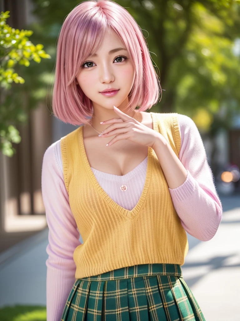 (8K, Highest quality, masterpiece:1,2), (Realistic, Photorealistic:1.37), Super detailed, One Girl,), (Very detailed), (Beautiful and detailed eyes), (Highest quality), (Very detailed ), (masterpiece), (Detailed face),20-year-old, ,1 Girl, whole body, Pink Hair,Very short hair, Medium chest, Dressed, Perfect lighting, Focus on pussy and breasts, View your viewers, Excited face, Mischievous face, Yellow knitted hat, Green clothes, Brown mini skirt, shoes, Outdoor, sunny, Stand under a tree, winter