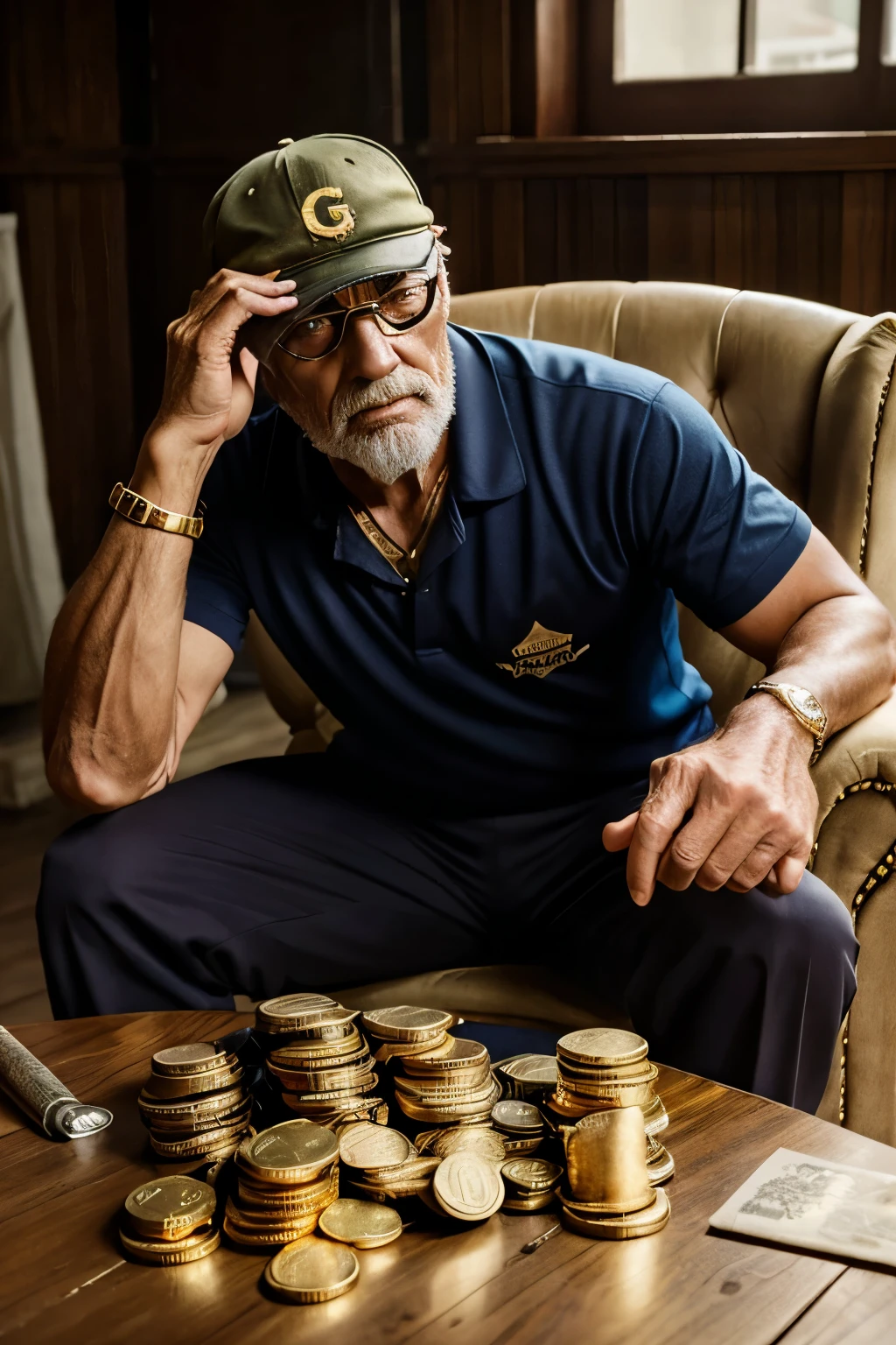 Old Dangerous man , cap, googles, sitting on chair , gold coins , cricket bat