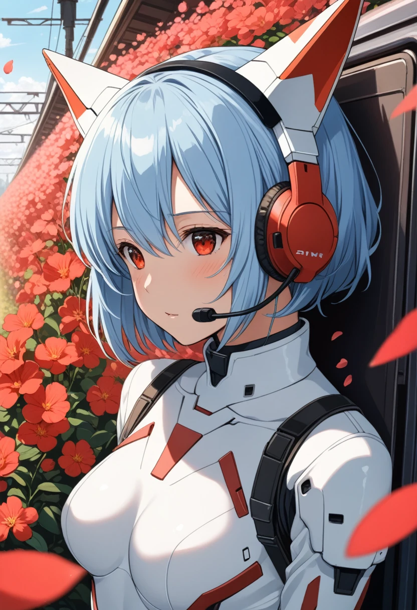 1girl,upper body,a cute cat lying on the head of the girl,masterpiece, best quality, highres, 4k, 8k, intricate detail, cinematic lighting, amazing quality, amazing shading, soft lighting, Detailed Illustration, anime style, wallpaper,,Ayanami Rei,white bodysuit,red eyes,pilot suit,short hair,blue hair,bangs,interface headset,turtleneck,hair between eyes,by the railway,surrounding by flowers,falling_petals, petals,