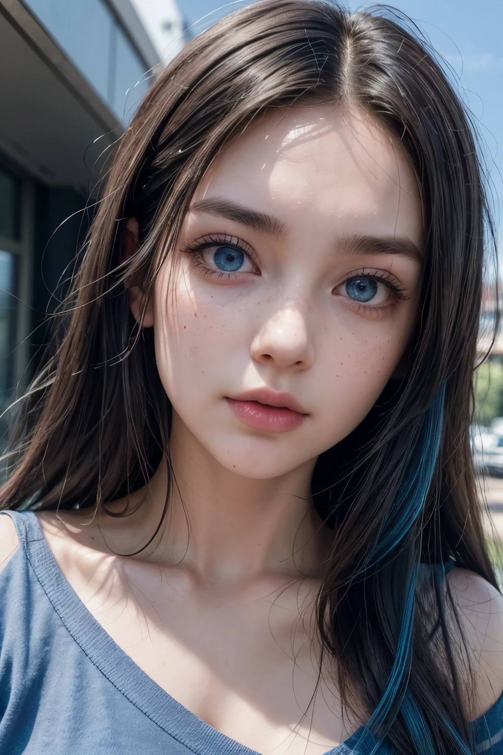 Height 1.65, slim build, shoulder length hair, black color with bright blue tips, dark blue eyes with a slight ring at the end of the sky blue pupil, to finish with a dot in the center of the pastel blue pupil, C cup breasts, thick lips, freckles in the nose area with the UA uniform 