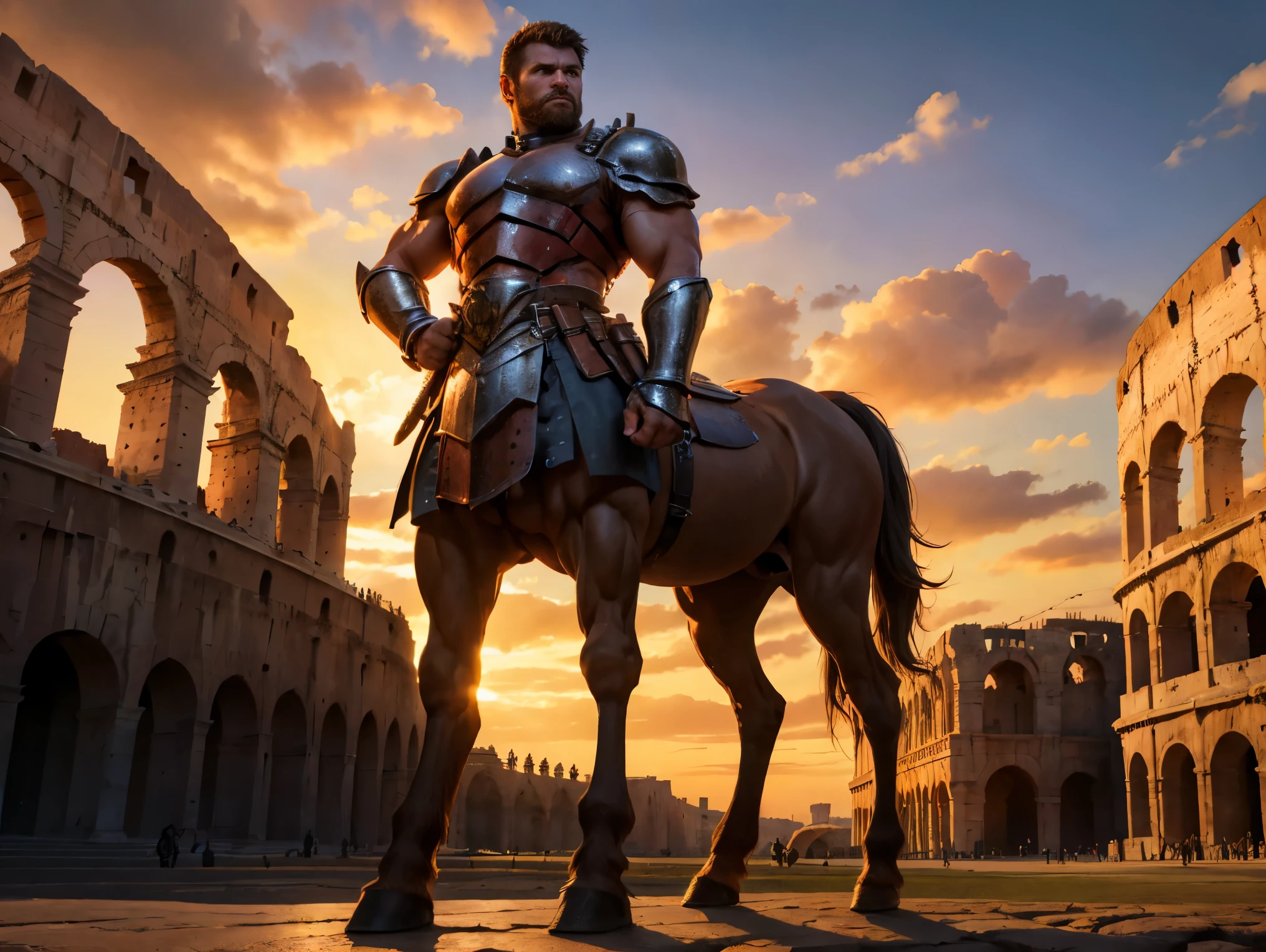 Highly detailed, full-color, full-length photograph of a centaur.:1.2, standing, high, short green hair, gauntlets, detailed muscular physique, Realistic representation, 4k resolution. bottom: Colosseum during a spectacular sunset,32k UHD, Best Quality, masterpiece,