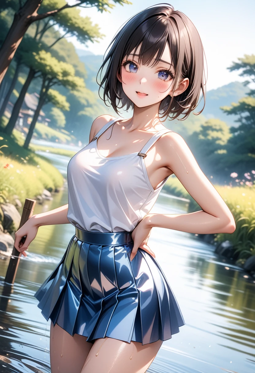 (((A woman playing in midsummer in Japan))), (A hot summer)), (((a hot summer outfit, skirt))), ((Shiny Costumes)), skindentation, skinny, solo, 1 woman, Masterpiece, highest quality, highest quality, 16K, incredibly absurd, highly detailed, 2.5D, ai-generated, delicate and dynamic, very delicate facial expressions, delicate eye depiction, erotic, only sexy woman, ((A cute and kind face)), healthy figure, ((25-year-old woman)), 160cm tall, medium firm swaying bust, Dark Hair, blush, Sweat,Embarrassed,sexy, ((thin thighs)), (camel toe:0.7), (visible nipples:0.5), (Erect nipples,:0.7), shiny and lustrous, facing straight at viewer, (((in heat))), ((Oily_skin)), ((dutch angle)), ((erotic pose)), ((In the Japanese countryside, by the river, on a hot summer's afternoon,)),Metallic shiny outfit,