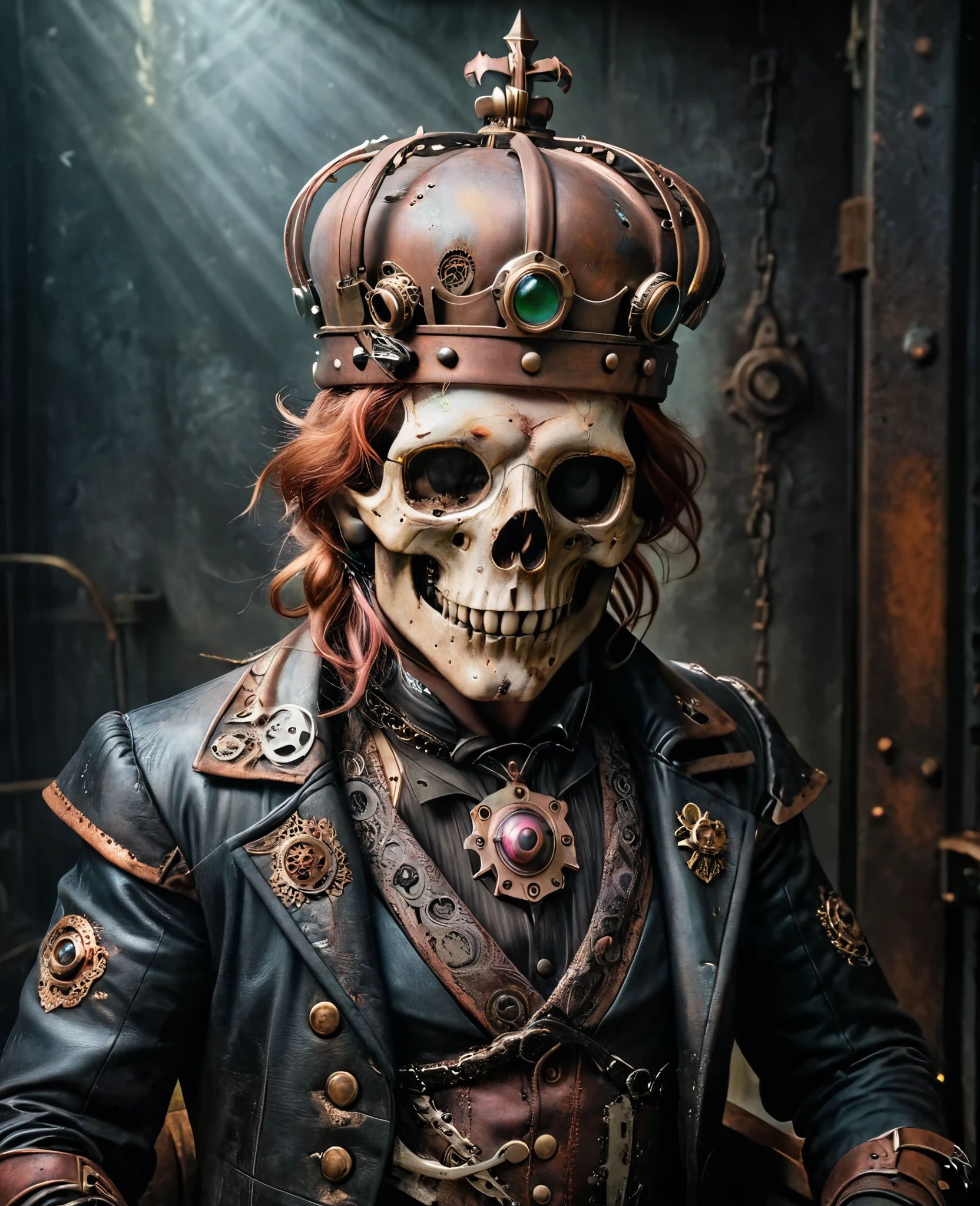 (Realisttic:1.2), analog photo style, (steampunk King of deads, full body shot, ultra detailed skull face, rusty metal crown, detailed perfect eyes, cover, fantasy aura, retro aesthetic, epic realistic photo, colorfull, hyperdetailed, cinematic, dramatic light, intricate details, natural skin texture, hyperrealism, (a perfect combination of steampunk and darkness), faded colours, great quality, Masterpiece, intricate fantasy background, naturally cinematic light, 16k quality, HDR, modern analog photo, lomography colors, vintage warm, dark vignette