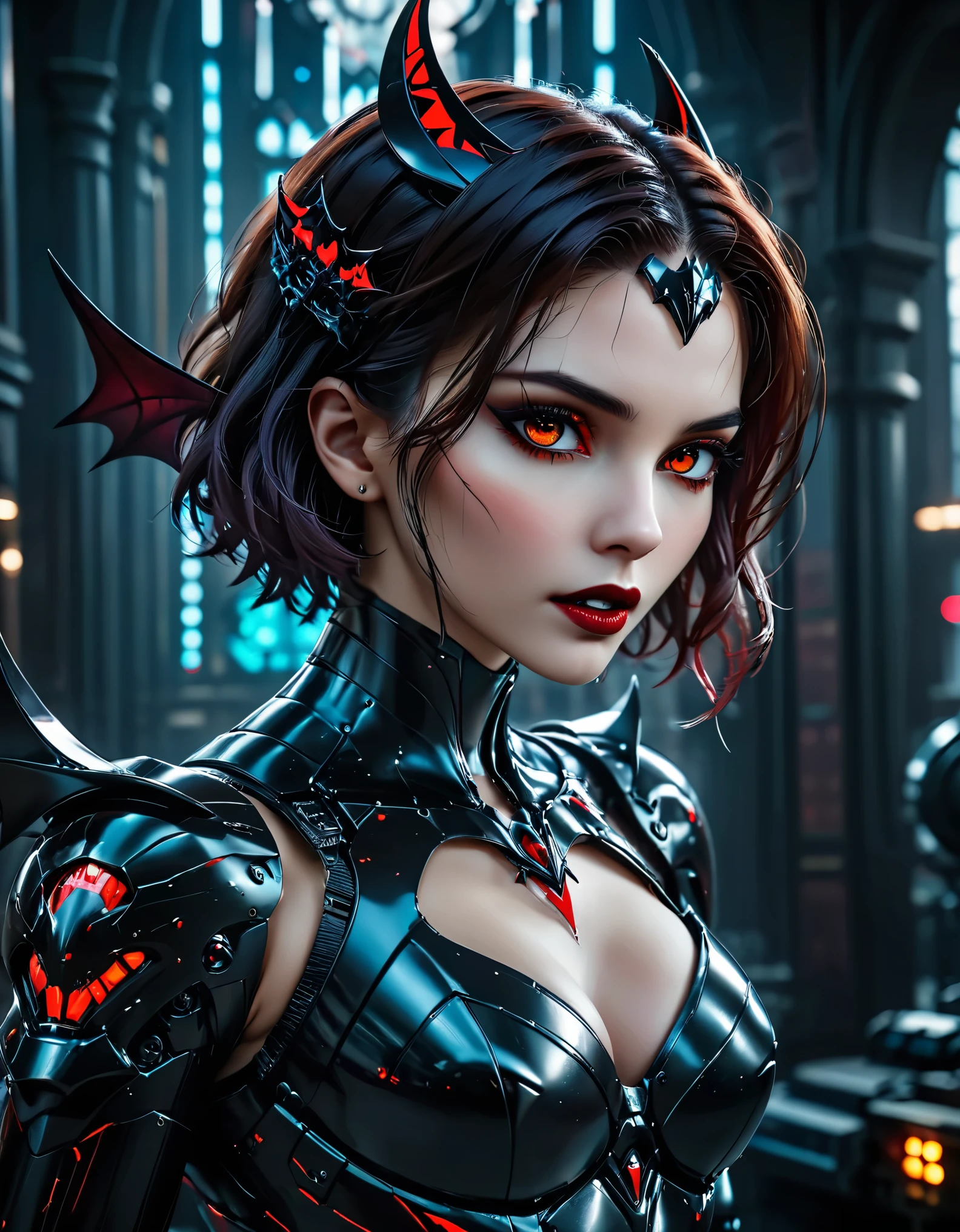 a portrait of mecha female vampire in a dark gothic cyberpunk church, an exotic exquisite beautiful mecha female vampire, dynamic hair color, short hair, dynamic eyes color, intense eyes, glowing eyes, dynamic eyes color, wearing intricate mech armor, delicate mech armor, delicate blood veins in the armor, wearing thigh high heeled boots, dark gothic cyberpunk church background, vibrant, Ultra-high resolution, High Contrast, (masterpiece:1.5), highest quality, Best aesthetics), best details, best quality, highres, 16k, (ultra detailed: 1.5), masterpiece, best quality, (extremely detailed) RAW, (ultra details, Masterpiece, best quality), Cinematic Hollywood Film, Intense gaze, DARK