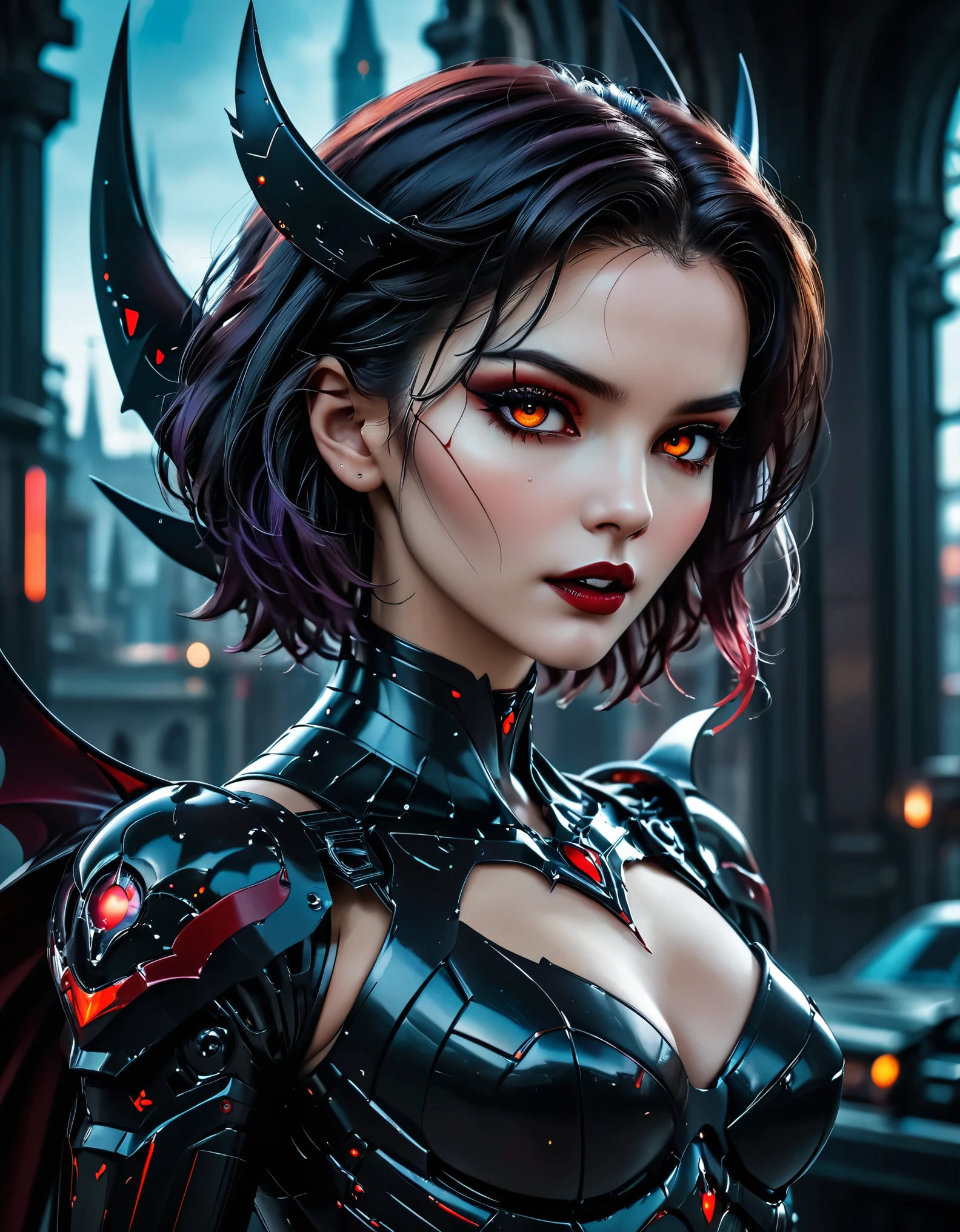 a portrait of mecha female vampire in a dark gothic cyberpunk church, an exotic exquisite beautiful mecha female vampire, dynamic hair color, short hair, dynamic eyes color, intense eyes, glowing eyes, dynamic eyes color, wearing intricate mech armor, delicate mech armor, delicate blood veins in the armor, wearing thigh high heeled boots, dark gothic cyberpunk church background, vibrant, Ultra-high resolution, High Contrast, (masterpiece:1.5), highest quality, Best aesthetics), best details, best quality, highres, 16k, (ultra detailed: 1.5), masterpiece, best quality, (extremely detailed) RAW, (ultra details, Masterpiece, best quality), Cinematic Hollywood Film, Intense gaze, DARK