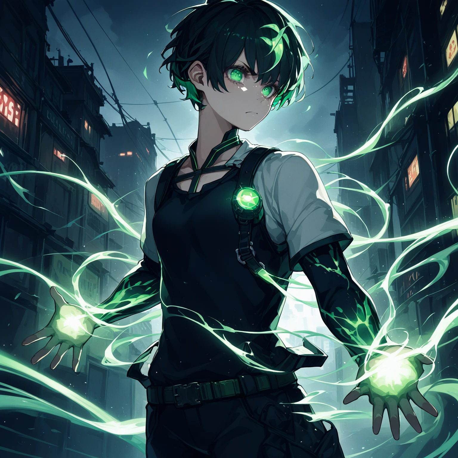 A girl with Slim, athletic build,Short, edgy hair with streaks of neon green,Intense, glowing green eyes,Fitted, dark top with glowing green circuitry,Sleeveless or short-sleeved, showcasing glowing energy patterns on her arms,High-tech harness with energy nodes,Fingerless gloves with energy conduits,Dark, fitted pants with utility pockets,Belt with energy capsules and gadgets,Confident, determined expression,Energetic aura surrounding her hands and body, (nude:0.9), NSFW,  detailed gorgeous face| anime style| key visual| intricate detail| highly detailed| breathtaking| vibrant| panoramic| cinematic| Carne Griffiths| Conrad Roset| gibbli 8k