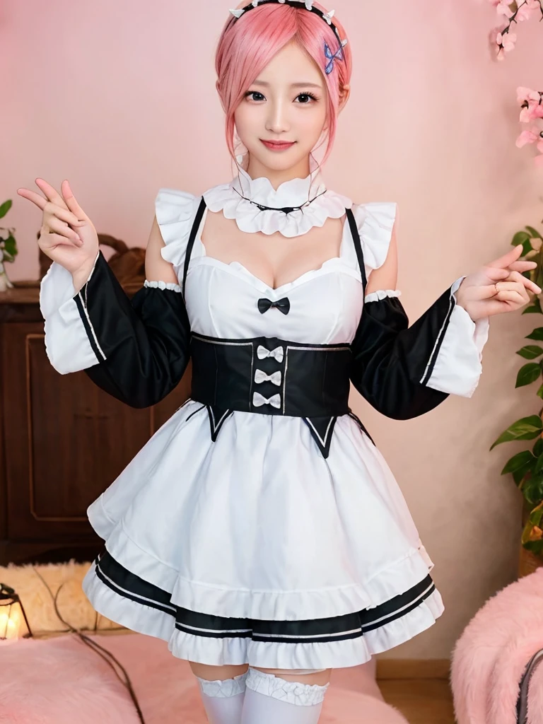 Accurate depiction with high resolution,(8K, Photorealistic, Raw photo, of the highest quality: 1.3), (1girl in), Super beautiful, (Realistic face), (boyish, pink Color Berry Shorthair), Beautiful , Glare that captivates the viewer, Beautiful expression, Beautiful breasts, (Realistic skin), Be...Create a detailed and colorful image of Ram and Rem from Re:Zero, standing back-to-back in their maid outfits, with a magical fantasy background、14years old, two girls,cute, perfect face, beautiful, nice body, gothic lolita clothes, gothic lolita fashion, frilly skirt, headdress, necklace, bracelet, knee-high socks, boots, double eyelids, tear bags, Detailed down to the fingers, photo-like description, indoors, dim indoor lighting, one girl is pink hair and short bob, another girl is light blue hair and short bob,standing,whole body, composition that shows the whole body, smiling,The Both of them are wearing the same type of maid outfit,Optimal ratio of 4 fingers and 1 thumb,walking