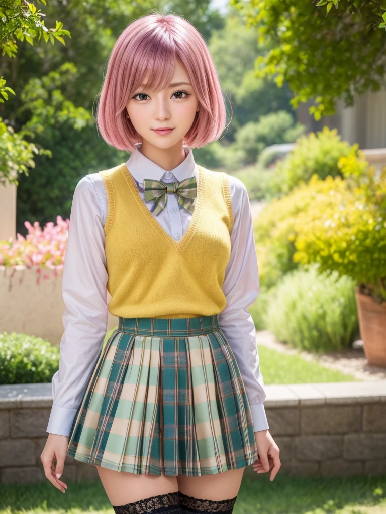 ph momo, momohd, phmomo, solo, 1girl,  pink hair, purple eyes, short hair, hair flower, sweater vest, ,(yellow sweater:1.2), big eyes, plaid skirt, black thighhighs, (masterpiece:1.6, best quality),  (finely detailed beautiful eyes: 1.2), ultra-detailed, illustration,beautiful detailed eyes, (yandere:1.4), (empty eyes),  backlighting, looking at viewer, blush, smile, (masterpiece, finely detailed beautiful eyes: 1.2), detailed eyes, hyper detailed,light smile, highly detailed, beautiful, small details, ultra detailed, best quality, intricate, hyperrealism, sharp, digital illustration, detailed, realism, intricate, 4k, 8k, trending on artstation, good anatomy, beautiful lighting, award-winning, photorealistic, realistic shadows, realistic lighting, beautiful lighting, raytracing, intricate details, moody, rule of thirds, masterpiece, (illustration:1.1), highres, (extremely detailed CG, unity, 8k wallpaper:1.1), beautiful face, highly detailed face, ultra realistic, masterpiece, bokeh, extremely detailed, intricate, zoomout, colorful, vibrant colors, red nail polish, side view,standing,whole body,green skirt, plaid, plaid skirt, sainan high , , skirt, sweater vest,