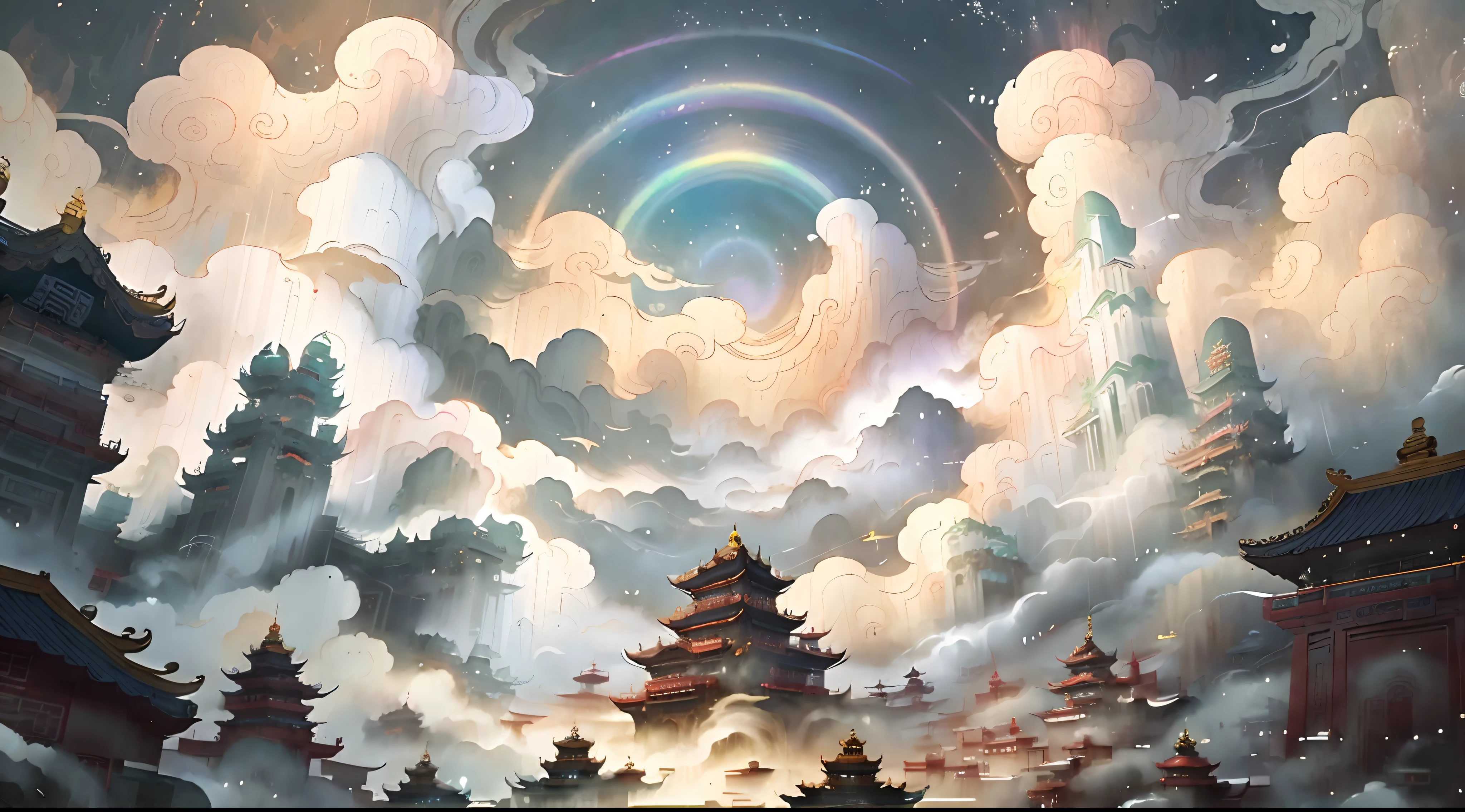 A style of painting a temple with a rainbow in the sky, ross tran. scenery background, Chinese painting style, G Liulian art style, Chinese fantasy, Cloud Palace, author:Qu Leilei, trending on cgstation, by Yang J, Rosla global lighting, floating lands in-clouds, Chinese watercolor style, author:Huang Shen, By Li Song, Anime fantasy illustration,Chinese watercolor style, Chinese painting style