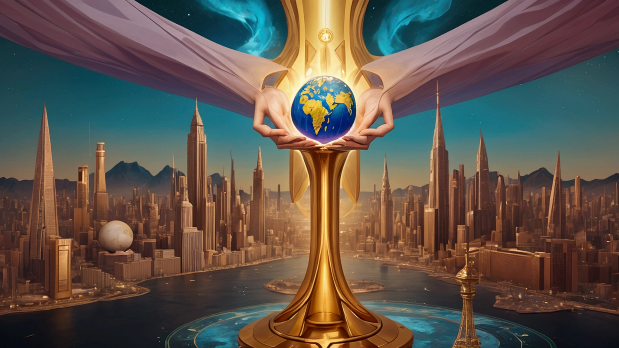 "Description: Illustrate the concept of a powerful, centralized global authority that may represent the one-world system predicted in Revelation. Focus on the unification of economic and political systems.
Details: Use a color palette with futuristic and metallic tones, such as silvers, blues, and purples, to emphasize the modern and authoritative nature of this system. Include elements such as:
Global Unification: Show a network of interconnected global institutions, such as international organizations, financial markets, and political bodies, converging into a single, centralized authority.
Symbolic Imagery: Depict symbols of globalization, such as a unified globe with interconnected lines or digital interfaces, representing the merging of various systems under one authority.
Biblical Connection: Integrate subtle references to Revelation 13:1-7, such as symbolic representations of the beast’s features or text overlay suggesting the fulfillment of prophecy.
Capture the concept of a unified global authority and its potential link to biblical prophecy."