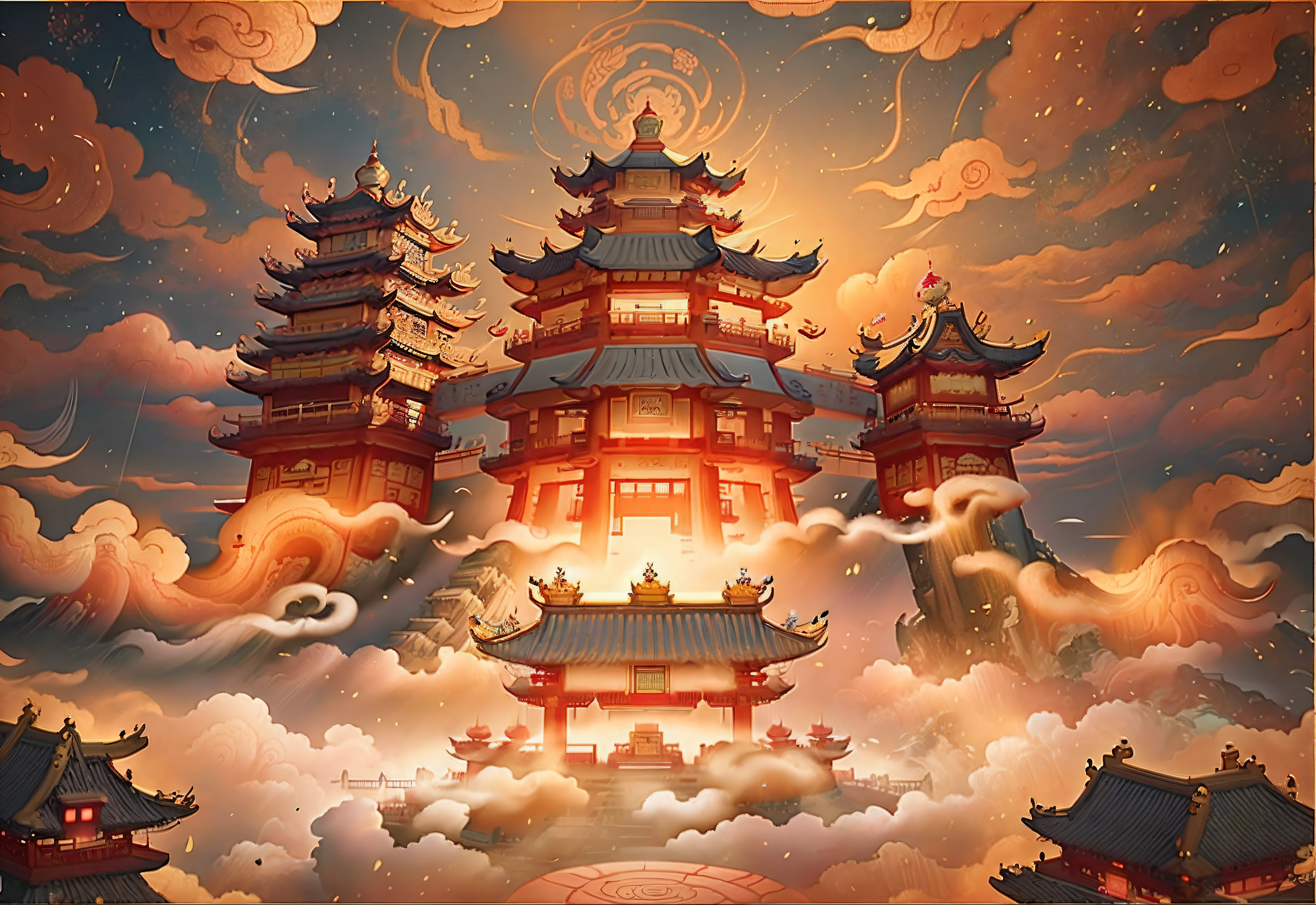 There is a pagoda painting in the sky, Beautiful rendering of the Tang Dynasty, floating lands in-clouds, cyberpunk chinese ancient castle, intricate ornate anime cgi style, Chinese fantasy, Cloud Palace, dreamy Chinese towns, digital painting of a pagoda, Zen temple background, floating city on clouds, by Yang J, Chinese watercolor style, Chinese painting style