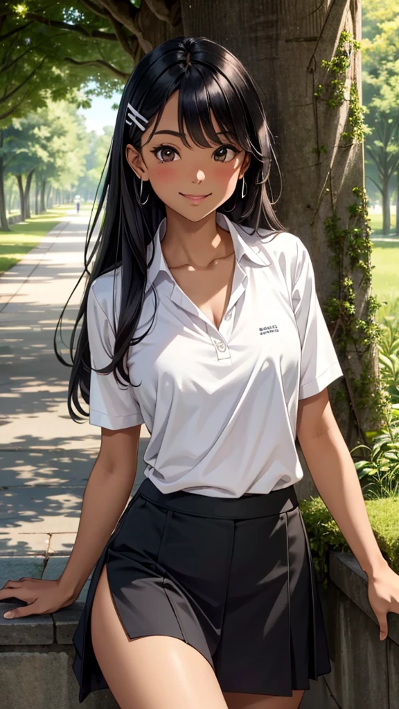 ((best quality)), ((masterpiece)), (details), one girl, sexy ((best quality)), ((masterpiece)), (details), one girl, sexy ((best quality)), ((masterpiece)), (details), one girl, full body, sexy expensive body, expensive, long legs, mature woman, mature, adult, it_nagatoro_main, Hayase Nagatoro, one girl, blushing, alone, white polo shirt, short sleeves, black hair,brown eyes, hair accessory, looking at viewer, hair clip, smiling, long hair, dark skinned woman, dark skin, , bangs, daytime, skirt, collared shirt, collarbone, ear clip, mouth closed, tree, asymmetrical bangs, upper body