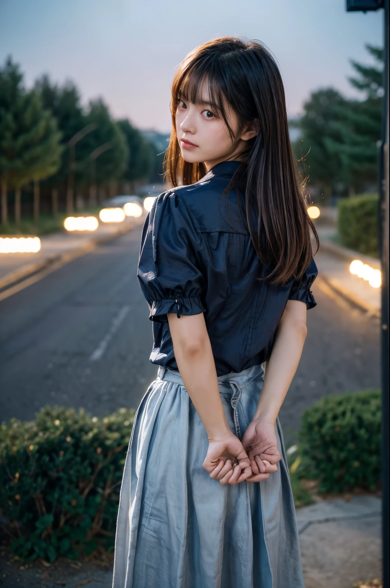 The woman has her hands tied、((Put your hands behind your back))、((Place your hands together and cross them behind your back))、(((Her wrists are tied with rope)))、shibari、Beauty、20age、university student、(anatomicaly, Has two arms and two hands)、Standing on a hill at night、There are a lot of trees、Beautiful night sky、There are many stars、A strong wind is blowing、Wearing a short-sleeved blouse、Wear a long skirt、Uniform eyes、Proportioned proportionedium build、Small breasts、Small face、(I can see from head to heel), Black Hair, bangs, swept bangs, Straight hair, Nervous, Messy Hair, Floating hair, Cinema Lighting, tachi-e, First-person view, throw, From behind, F/1.2, Nikon, Cowboy Shot, Surrealism, 超High resolution, Highest quality, High resolution, 8k, Textured skin, anatomicaly正しい体,