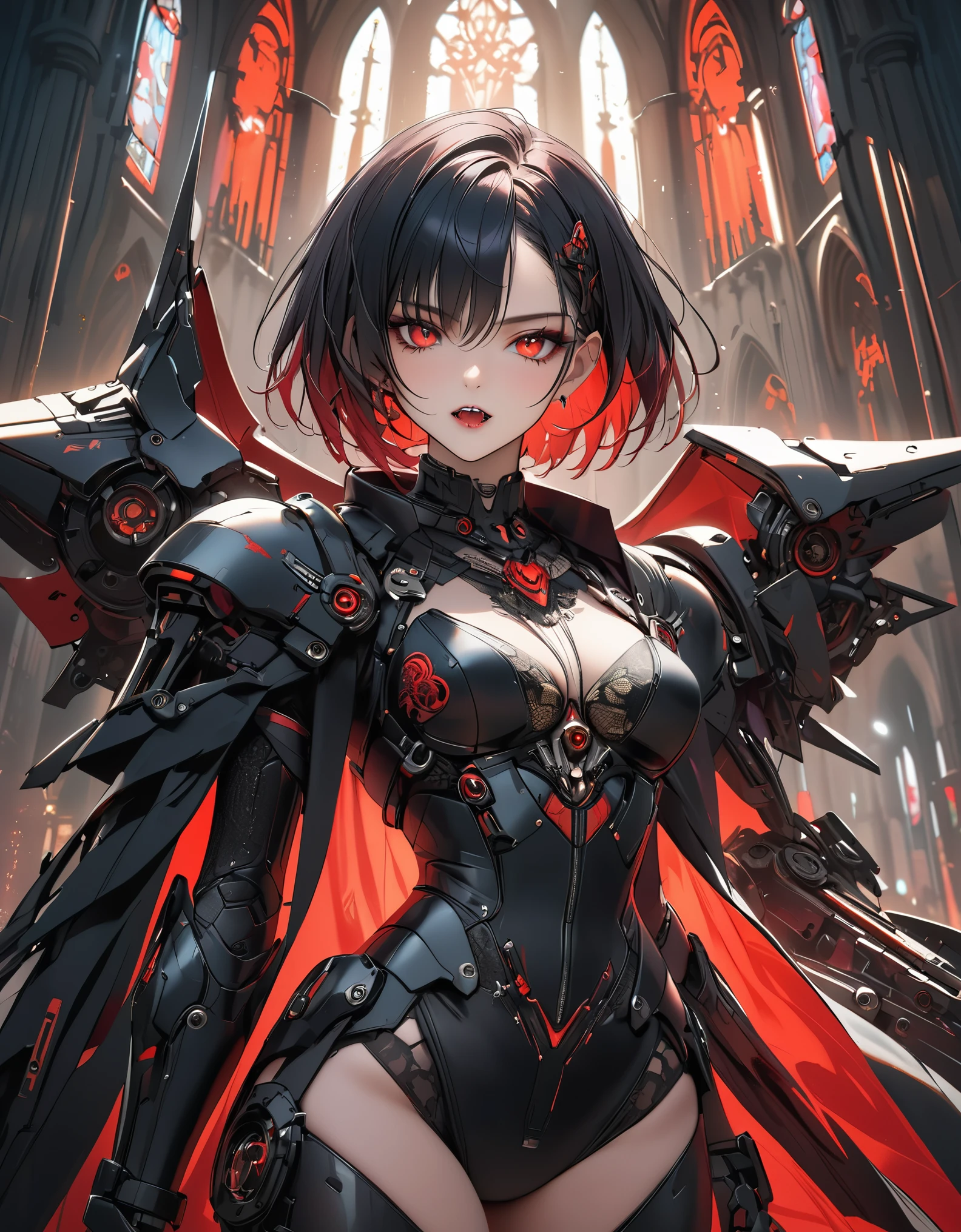 a portrait of mecha female vampire in a dark gothic cyberpunk church, an exotic exquisite beautiful mecha female vampire, dynamic hair color, short hair, dynamic eyes color, intense eyes, (vampire fangs), glowing eyes, dynamic eyes color, wearing intricate mech armor, delicate mech armor, delicate blood veins in the armor, wearing thigh high heeled boots, dark gothic cyberpunk church background, vibrant, Ultra-high resolution, High Contrast, (masterpiece:1.5), highest quality, Best aesthetics), best details, best quality, highres, 16k, (ultra detailed: 1.5), masterpiece, best quality, (extremely detailed) RAW, (ultra details, Masterpiece, best quality), Cinematic Hollywood Film, Intense gaze, cg_darkscifi