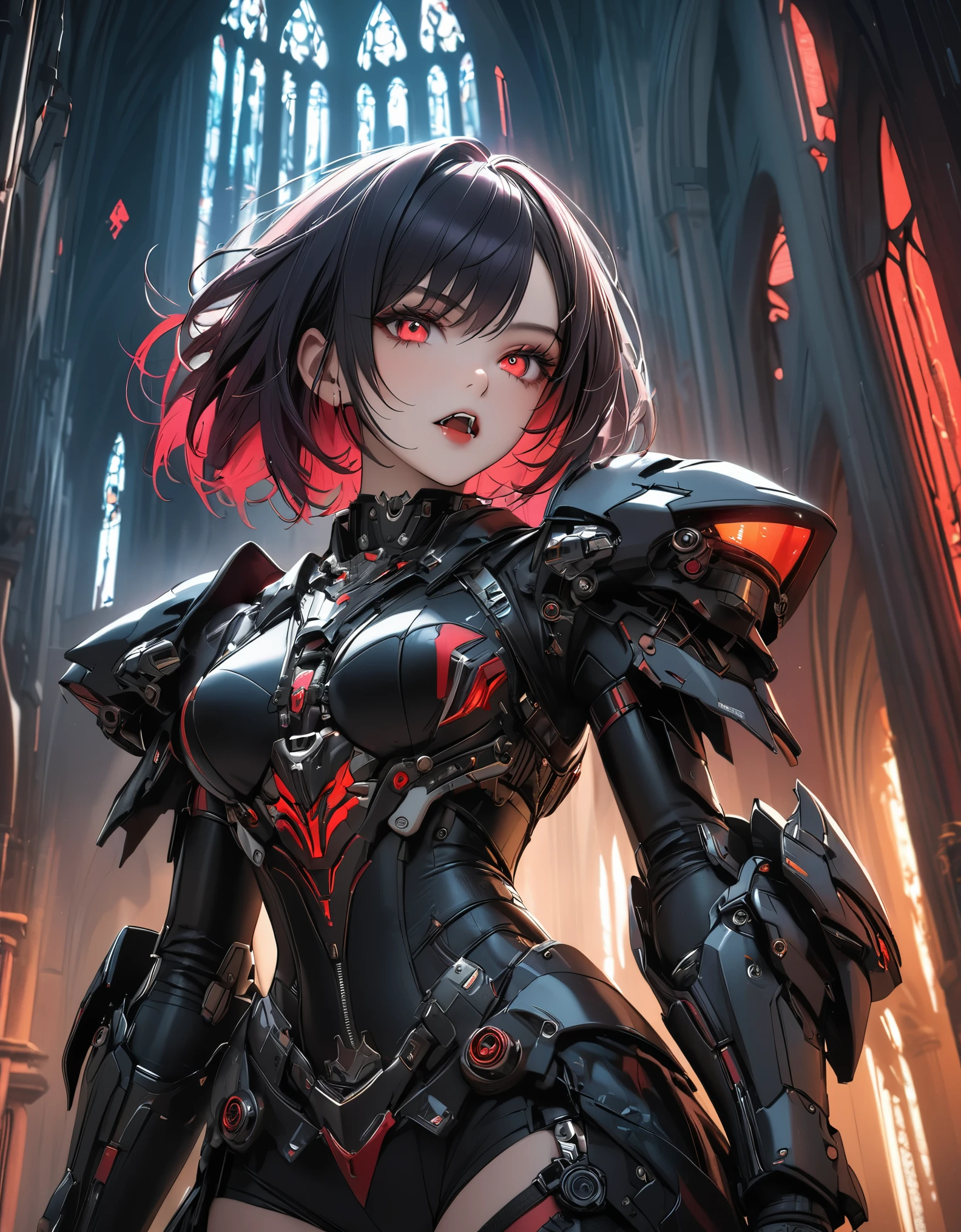 a portrait of mecha female vampire in a dark gothic cyberpunk church, an exotic exquisite beautiful mecha female vampire, dynamic hair color, short hair, dynamic eyes color, intense eyes, (vampire fangs),  glowing eyes, dynamic eyes color, wearing intricate mech armor, delicate mech armor, delicate blood veins in the armor, wearing thigh high heeled boots, dark gothic cyberpunk church background, vibrant, Ultra-high resolution, High Contrast, (masterpiece:1.5), highest quality, Best aesthetics), best details, best quality, highres, 16k, (ultra detailed: 1.5), masterpiece, best quality, (extremely detailed) RAW, (ultra details, Masterpiece, best quality), Cinematic Hollywood Film, Intense gaze, cg_darkscifi