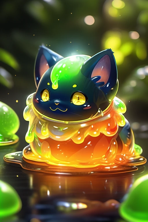 (Highest quality、masterpiece、8k))、Very detailed、High resolution、((Beautiful and shining eyes))、((Lots of different colored slimes))、Japanese kitten slime、Round kitten slime、Five very cute kitten slimes、1 blue slime、1 red slime、1 yellow slime、1 green slime、One black slime、cat ears are cute