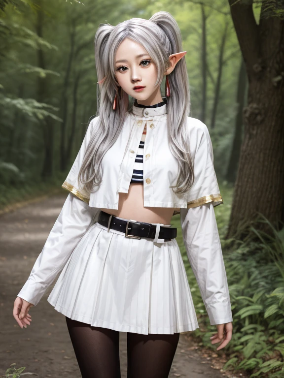 masterpiece, best quality, absurdres, 1girl, solo, FrierenBase, long hair, twintails, earrings, white capelet, striped shirt, horizontal stripes, long sleeves, belt, white skirt, gold-trim, black pantyhose, arms behind back, outdoors, forest, 