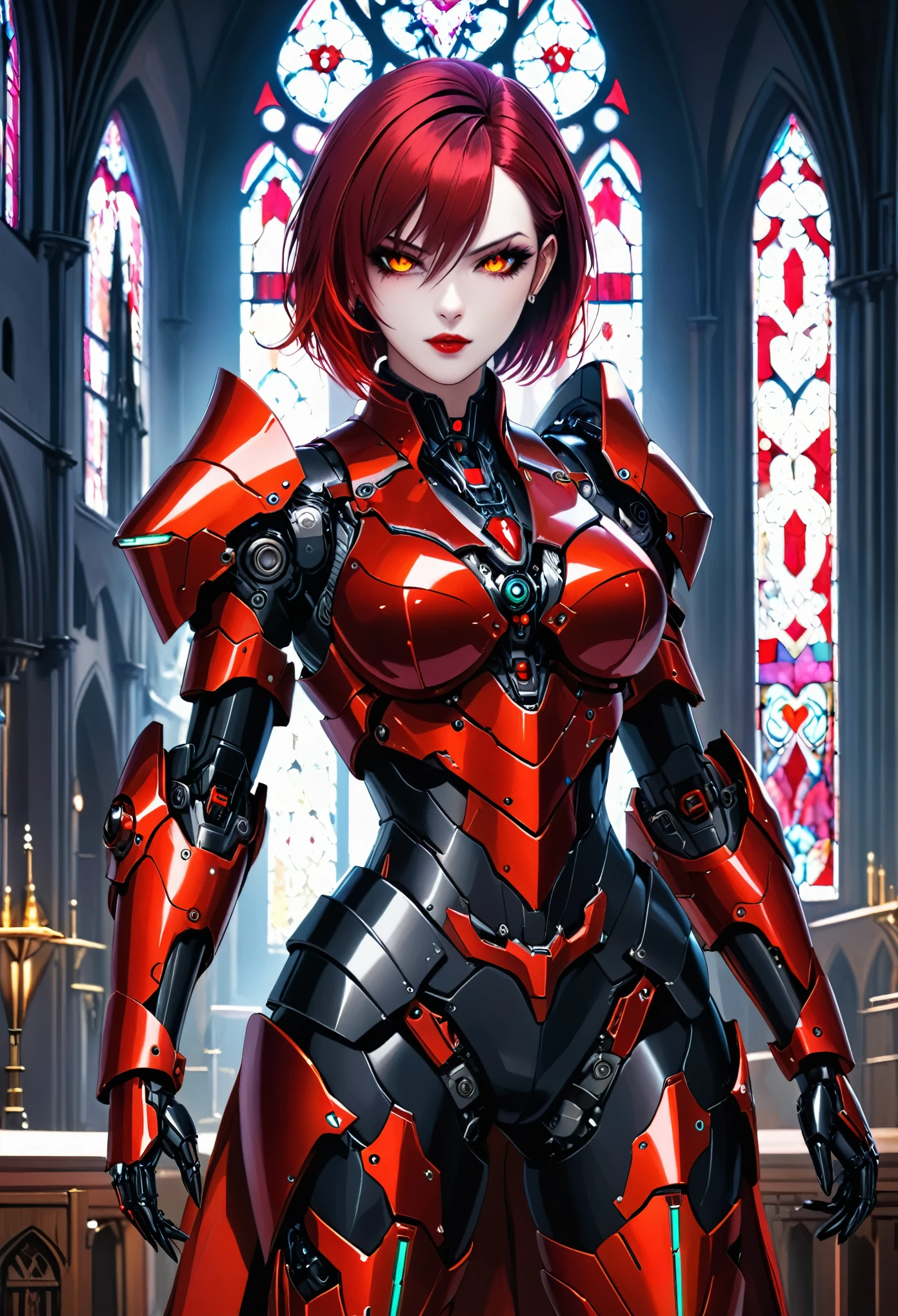 a portrait of mecha female vampire in a dark gothic cyberpunk church, an exotic exquisite beautiful mecha female vampire, dynamic hair color, short hair, dynamic eyes color, intense eyes,  glowing eyes, dynamic eyes color, wearing intricate mech armor, delicate mech armor, delicate blood veins in the armor, wearing thigh high heeled boots, dark gothic cyberpunk church background, vibrant, Ultra-high resolution, High Contrast, (masterpiece:1.5), highest quality, Best aesthetics), best details, best quality, highres, 16k, (ultra detailed: 1.5), masterpiece, best quality, (extremely detailed) RAW, (ultra details, Masterpiece, best quality), Dark Art Painting Style, nijimecha